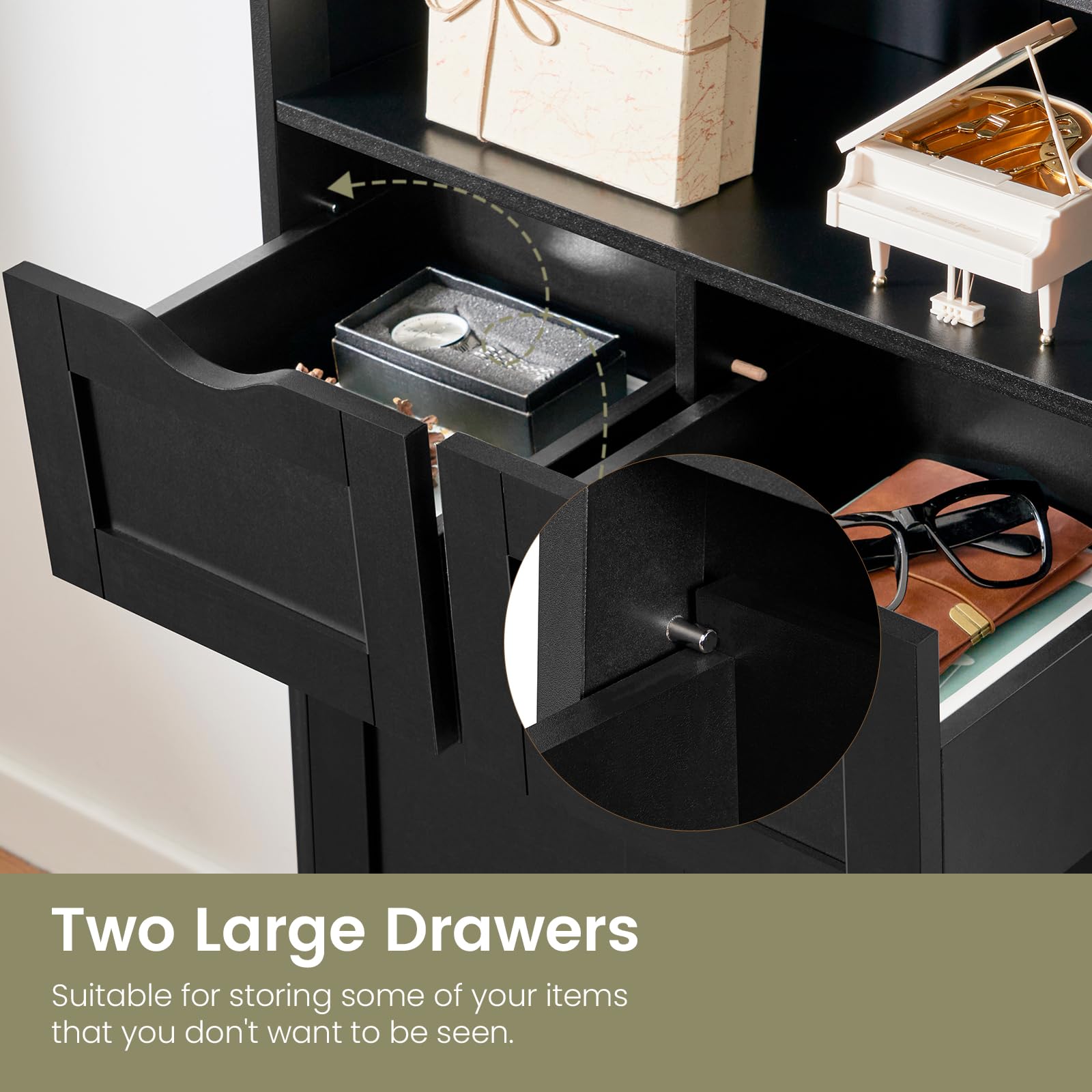 Iwell Tall Storage Cabinet with Adjustable Shelves - 2-Drawer Bathroom & Linen Organizer for Living Room, Bedroom, or Office - Black Wooden Cabinet for Towels, Blankets & Home Storage