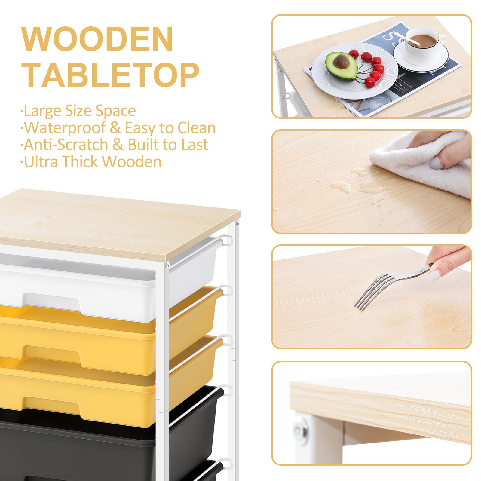5-Drawer Utility Cart with Wooden Tabletop & Lockable Wheels - Large Capacity Rolling Storage Cart for Home, Office, or Workshop (Yellow) - Perfect for Organizing Tools, Crafts, or Office Supplies
