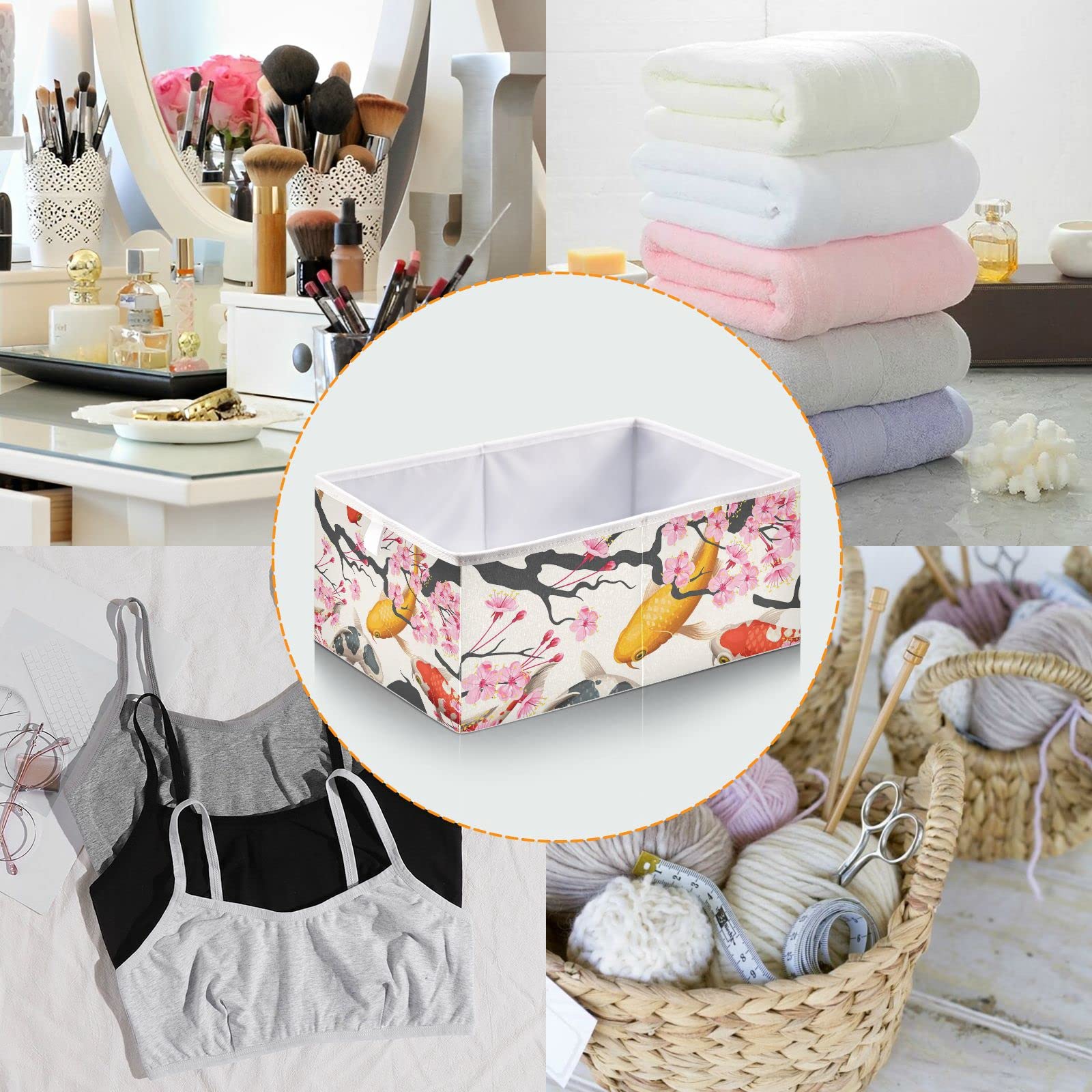 Japanese Cherry Blossom Print Foldable Storage Bins - Yellow & Red Fish Design Collapsible Fabric Cube Organizer with Handles for Nursery, Closet, Shelves - Perfect for Kids' Toys, Home Organization & Seasonal Decor