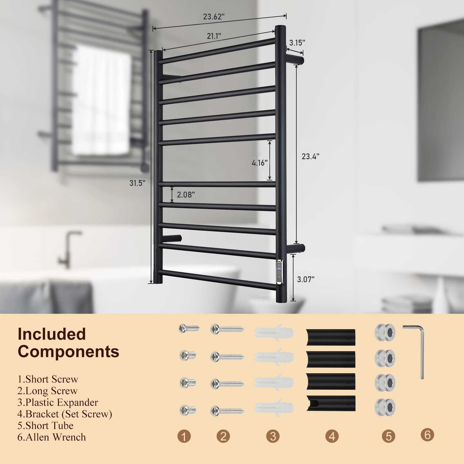 ETW25A Electric Towel Warmer with Timer - Wall Mounted Bathroom Heated Towel Rack, Plug-in Black - Perfect for Spa, Luxury Bathrooms & Cold Weather Comfort