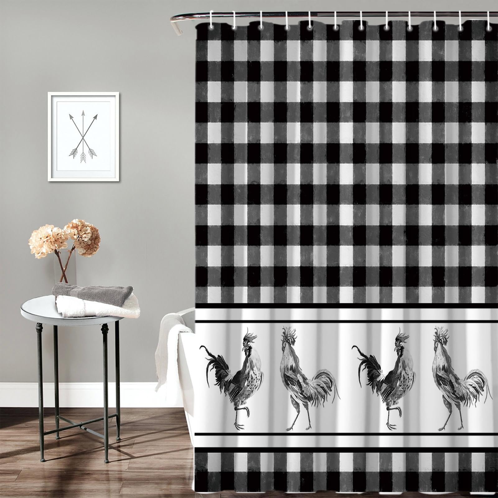 Waterproof Farmhouse Rooster Black & White Buffalo Plaid Shower Curtain Set with Hooks - 72x72 Inch for Bathroom, Bathtub & Shower - Perfect for Rustic Home Decor & Country Style Bathroom Design
