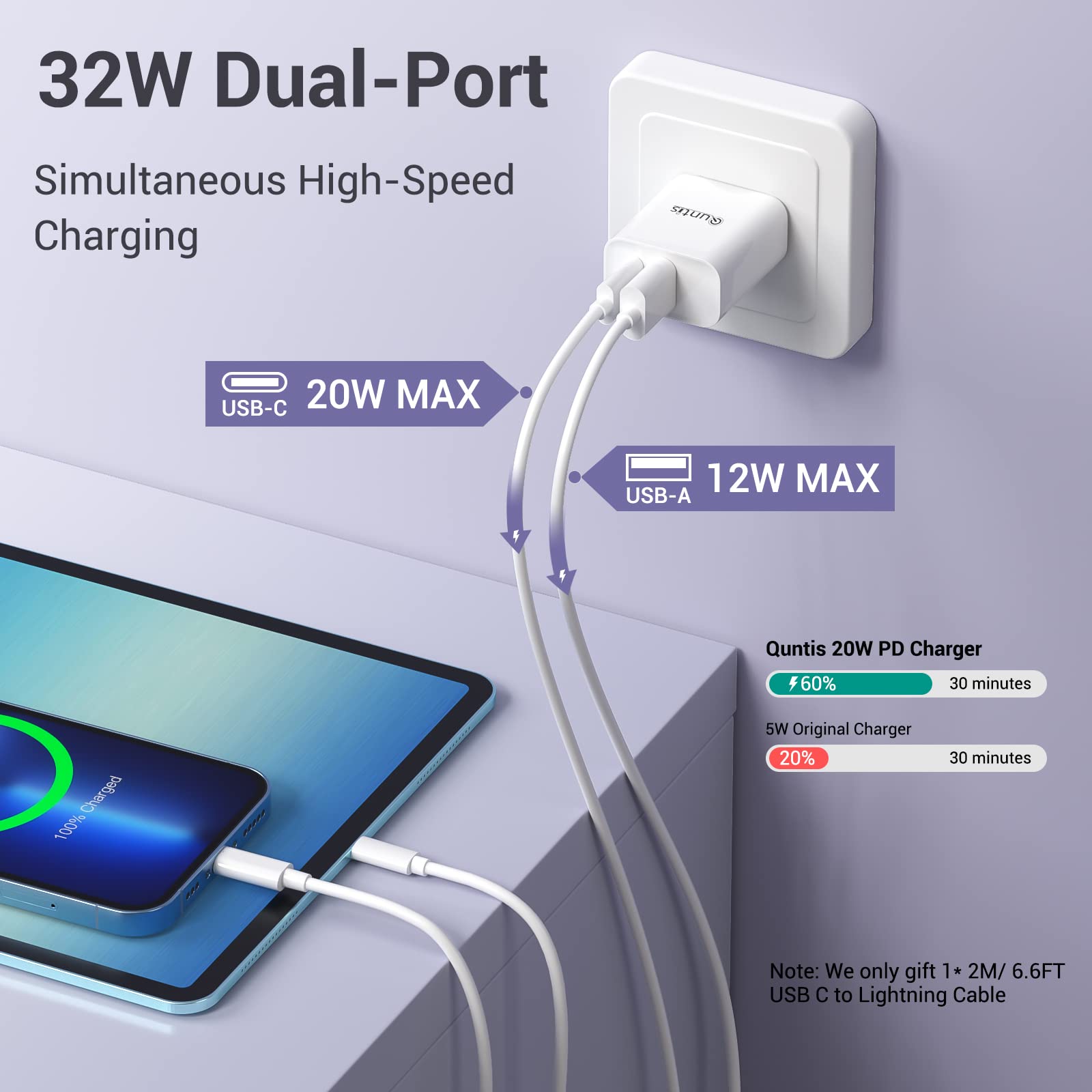 32W MFi Certified Fast Charger for iPhone & iPad - Dual Port USB C Wall Charger with Lightning Cable - Compatible with iPhone 14/13/12/11/XS/XR/X/8/7/Plus/Pro/Max, iPad & AirPods - Perfect for Home, Office & Travel Charging