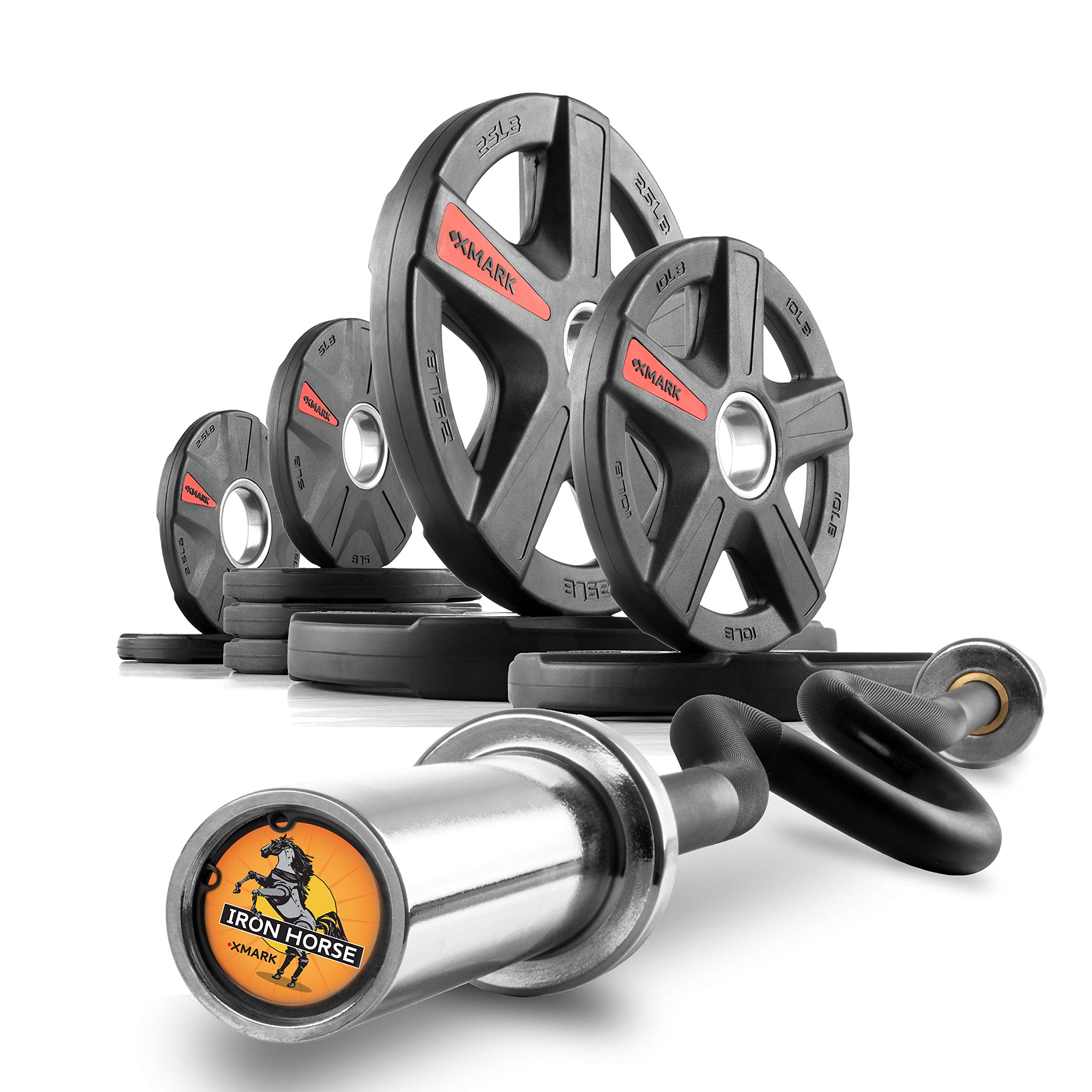 XMark Olympic Weight Set with EZ Super Curl Bar - 300LB Texas Star Weight Plates & Ironhorse Barbell for Bicep & Triceps Workouts - Home Gym Strength Training Equipment for Weightlifting & Fitness