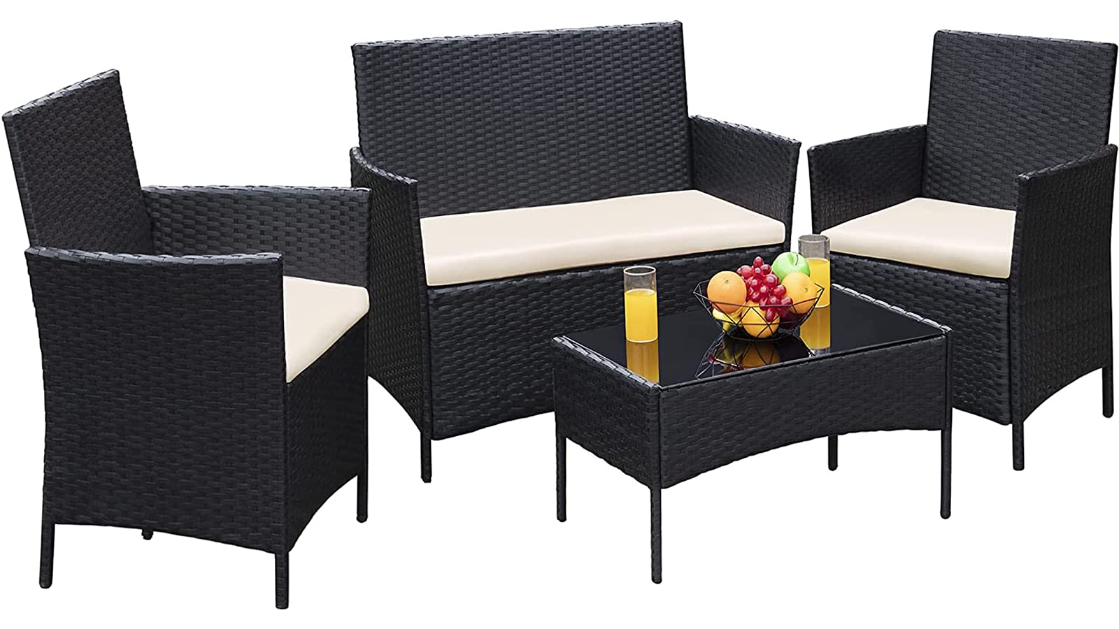 Premium Handmade Rattan Patio Furniture Set - 4-Piece Outdoor Wicker Chairs & Tempered Glass Table for Garden, Porch, Terrace - Durable Black Weather-Resistant Design for Relaxing & Entertaining