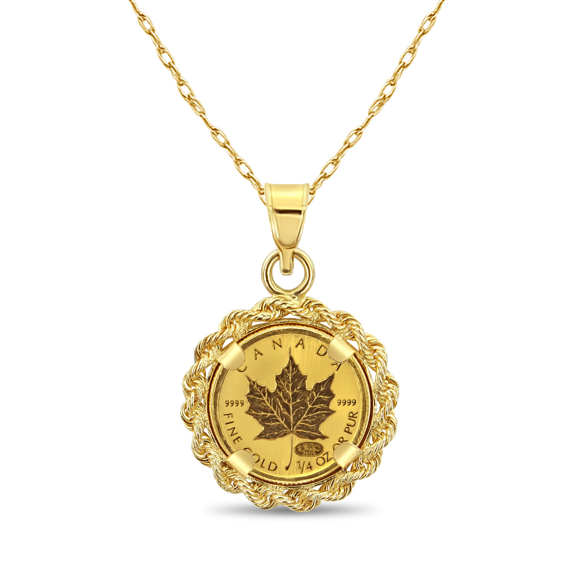 1/4 oz Queen Elizabeth Canadian Maple Leaf Gold Necklace with Rope Bezel - Perfect for Gifts, Jewelry Collections & Special Occasions