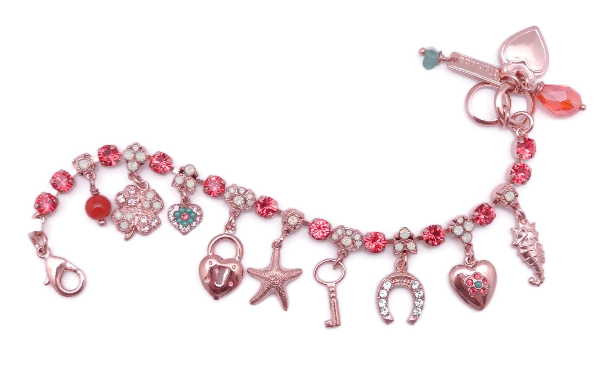 Mariana Boloria Dia Rose Goldtone Charm Bracelet with Indian Pink & Green Crystals - Elegant Jewelry for Women, Perfect for Parties, Weddings & Special Occasions