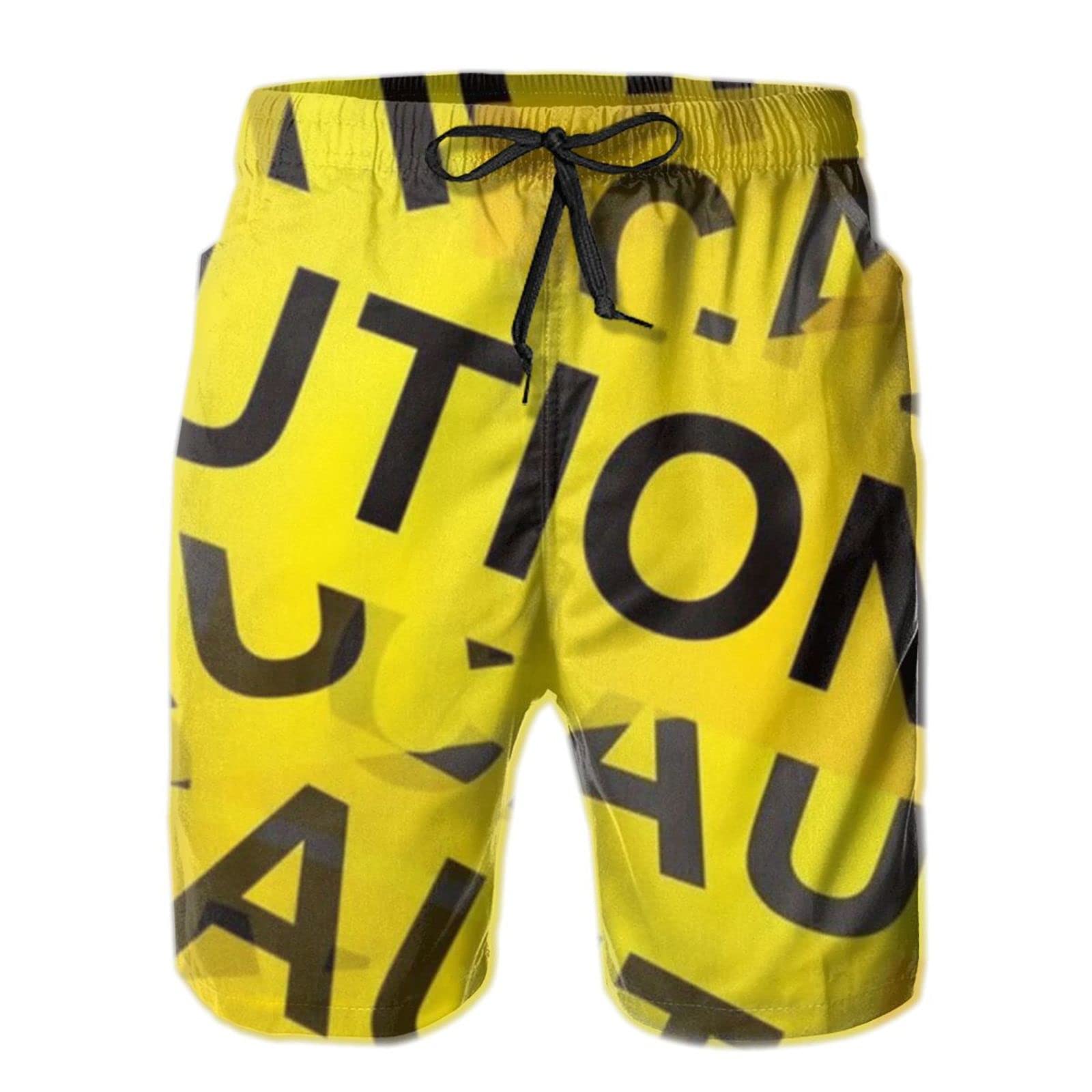 Men's Caution Tape Print Drawstring Casual Shorts - Lightweight Summer Beach Shorts for Swimming, Vacation & Outdoor Activities