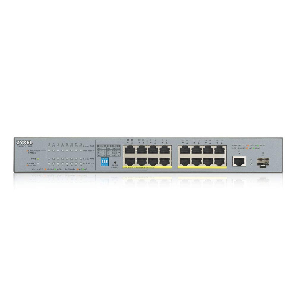 Zyxel GS1300-18HP 16-Port Gigabit Unmanaged PoE+ Switch | 170W Power Budget | 1G Copper + SFP Port | Long Range PoE for IP Cameras, VoIP Phones & Wireless Access Points | Ideal for Office & Home Network Setup