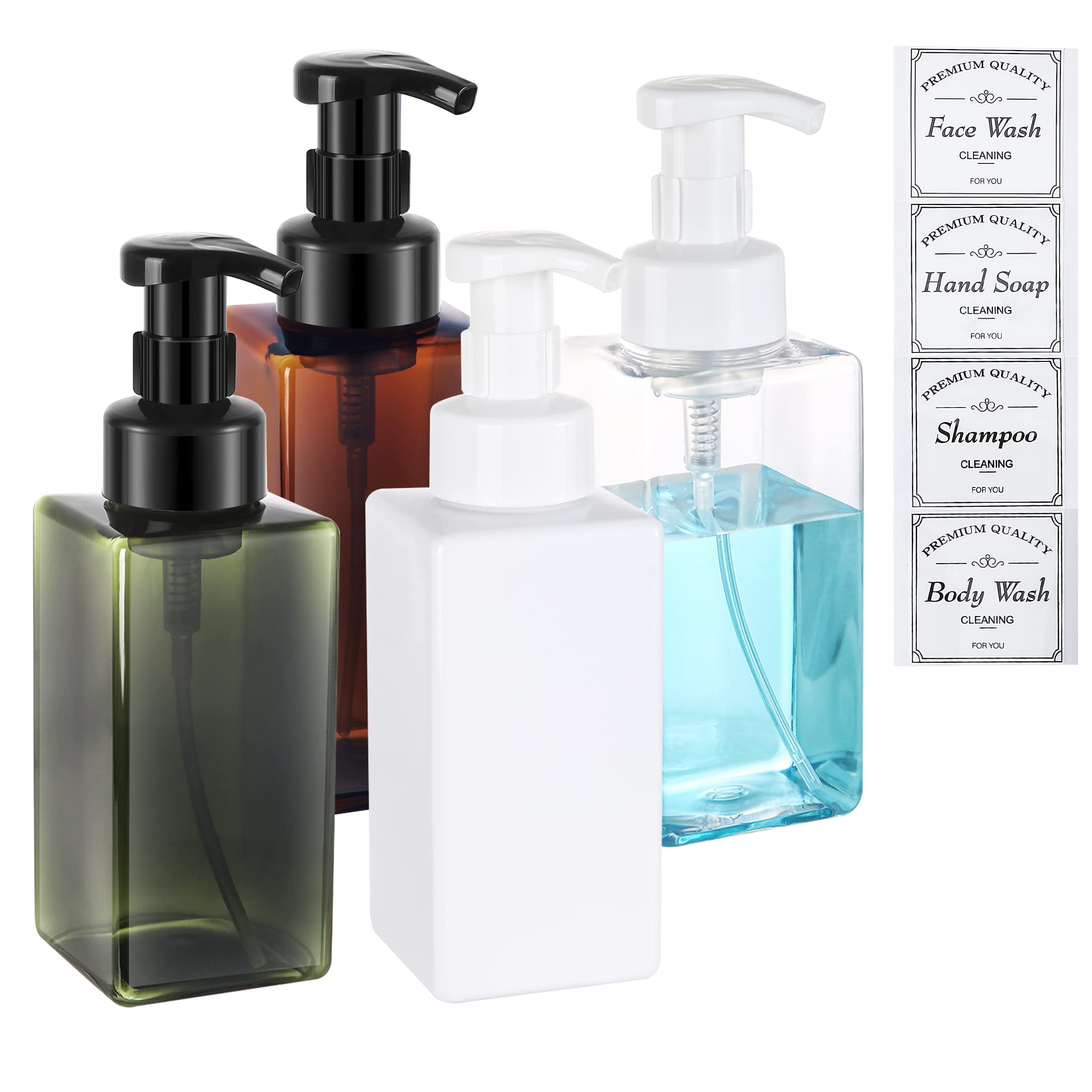 OFODE 17oz Refillable Foaming Soap Dispenser with Pump - Amber, Clear & Green (4-Pack) for Shampoo, Body Wash & Dish Soap | Perfect for Kitchen Sink & Bathroom | Eco-Friendly Hand Soap Dispenser with Labels