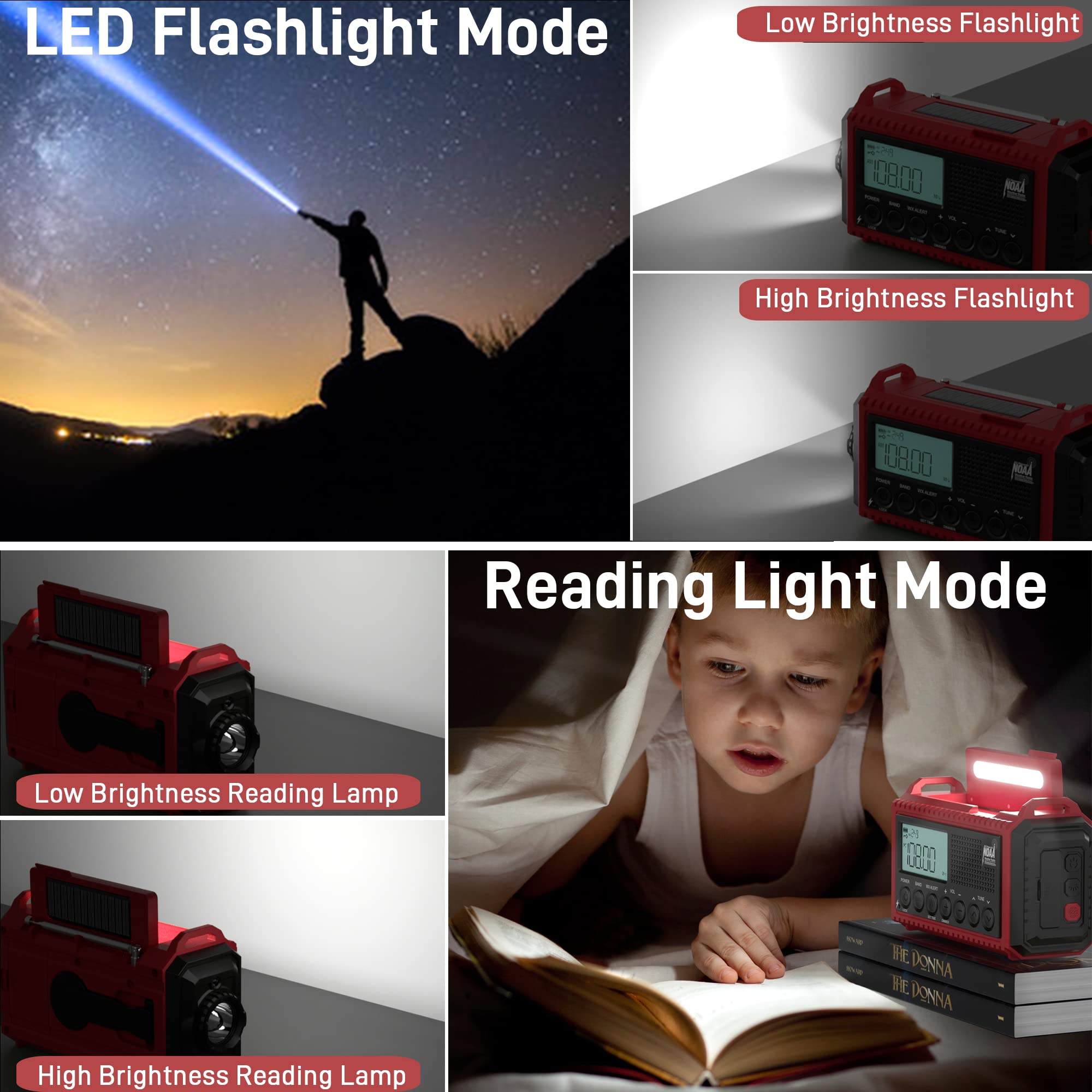 Solar Emergency Radio with Hand Crank & 5000mAh Power - 5-Way Powered AM/FM/NOAA Weather Radio with Auto Alert, USB Phone Charger, Flashlight & Reading Lamp - Perfect for Outdoor Camping, Hiking, Survival Kits & Home Emergency Preparedness