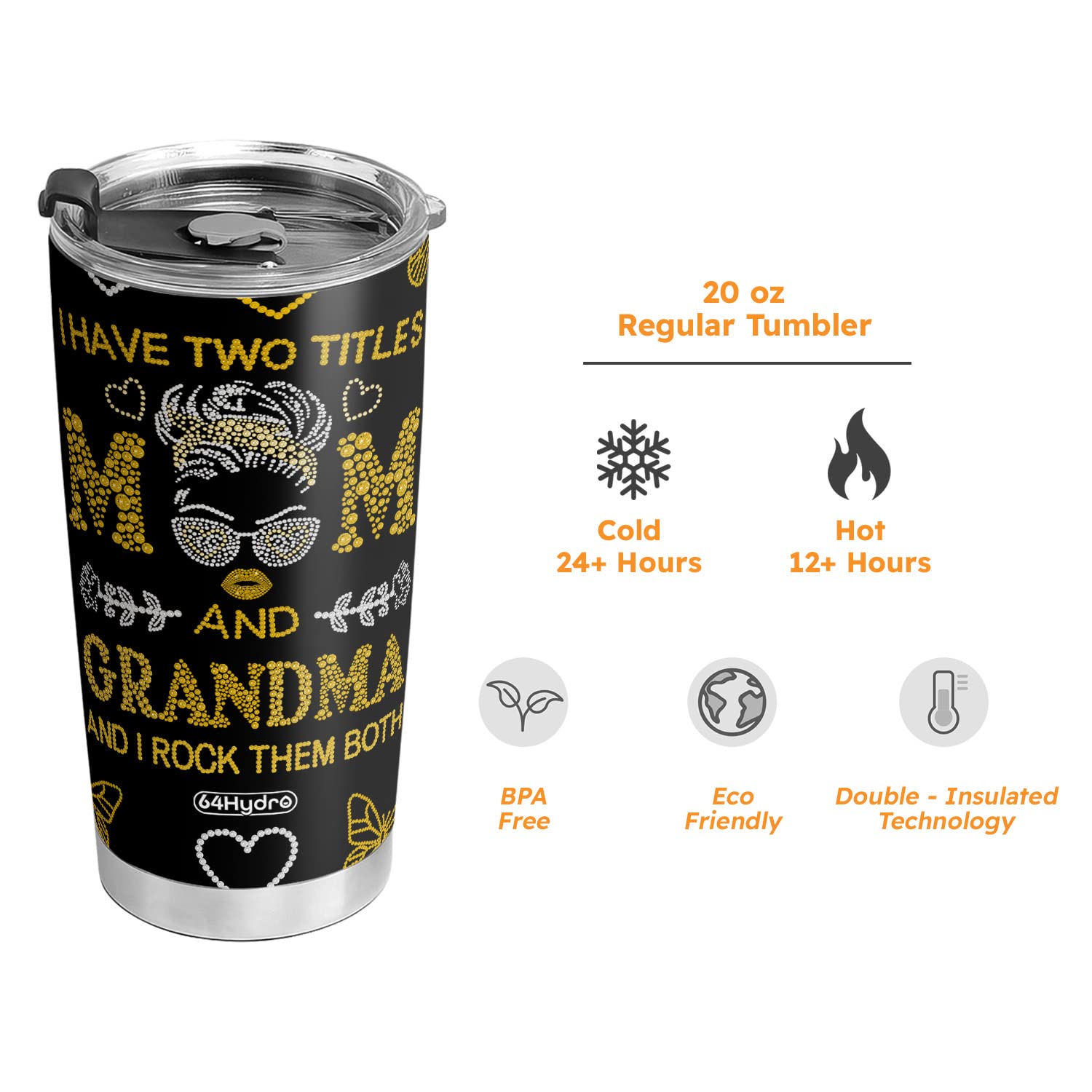 64HYDRO 20oz Yellow Vacuum Insulated Tumbler with Lid - Inspirational Birthday Gift for Women, Mom, Grandma - Double Wall Travel Coffee Mug for Office, Hiking & Daily Use