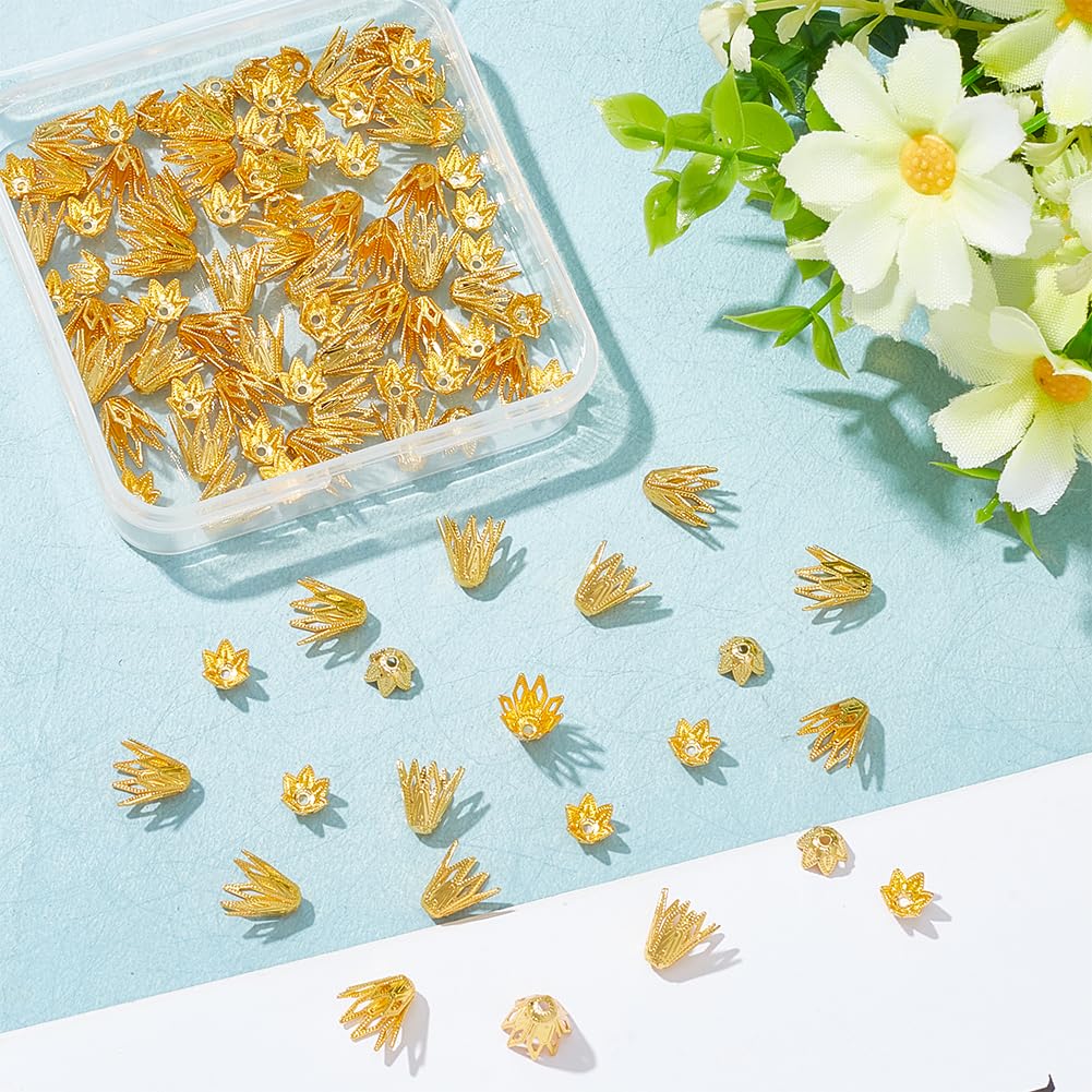 100 Pcs 2 Styles Beads Caps - Multi-Petal & 6-Petal Flower Bead Ends for Jewelry Making | DIY Earring & Bracelet Crafts | Gold Tassel Cord Ends & Spacer Beads | Perfect for Handmade Jewelry, Gift Making & Fashion Accessories