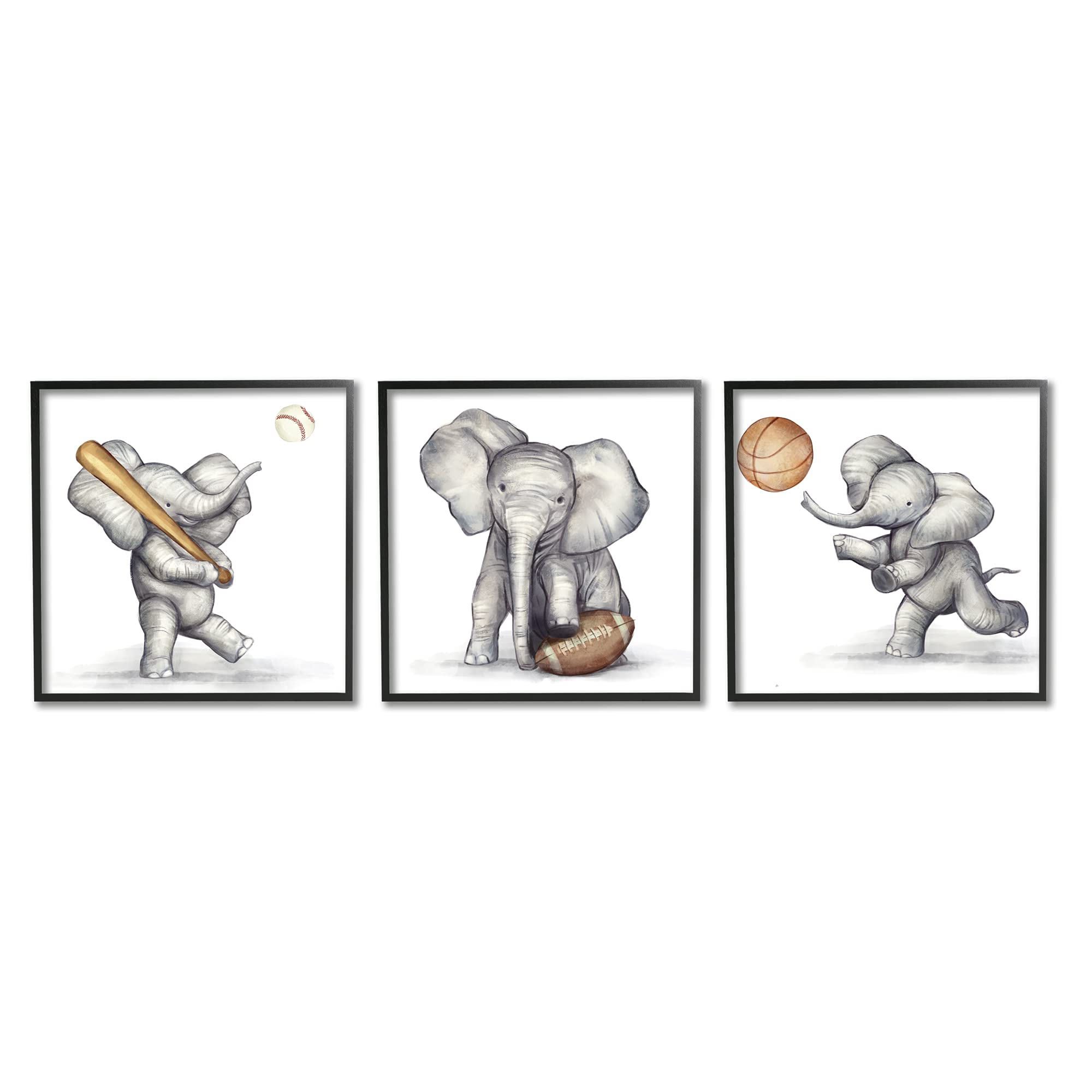 Stupell Industries 3-Piece Baby Elephant Athlete Wall Art Set - Basketball, Baseball, Football - Designed by Ziwei Li - Black Frame, 17x17 Inches, Grey - Perfect for Nursery, Kids Room & Sports Themed Decor