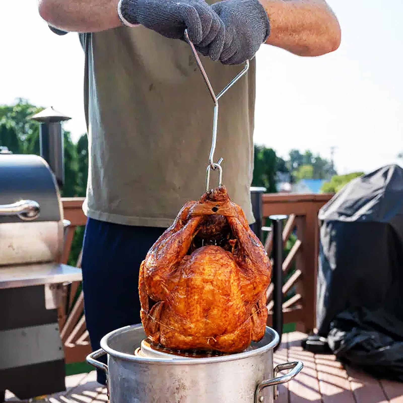 Stainless Steel Turkey Deep Fryer Kit with Hook, Hanger & Vertical Roaster Holder - Perfect for Outdoor BBQ, Thanksgiving Cooking & Poultry Frying Accessories