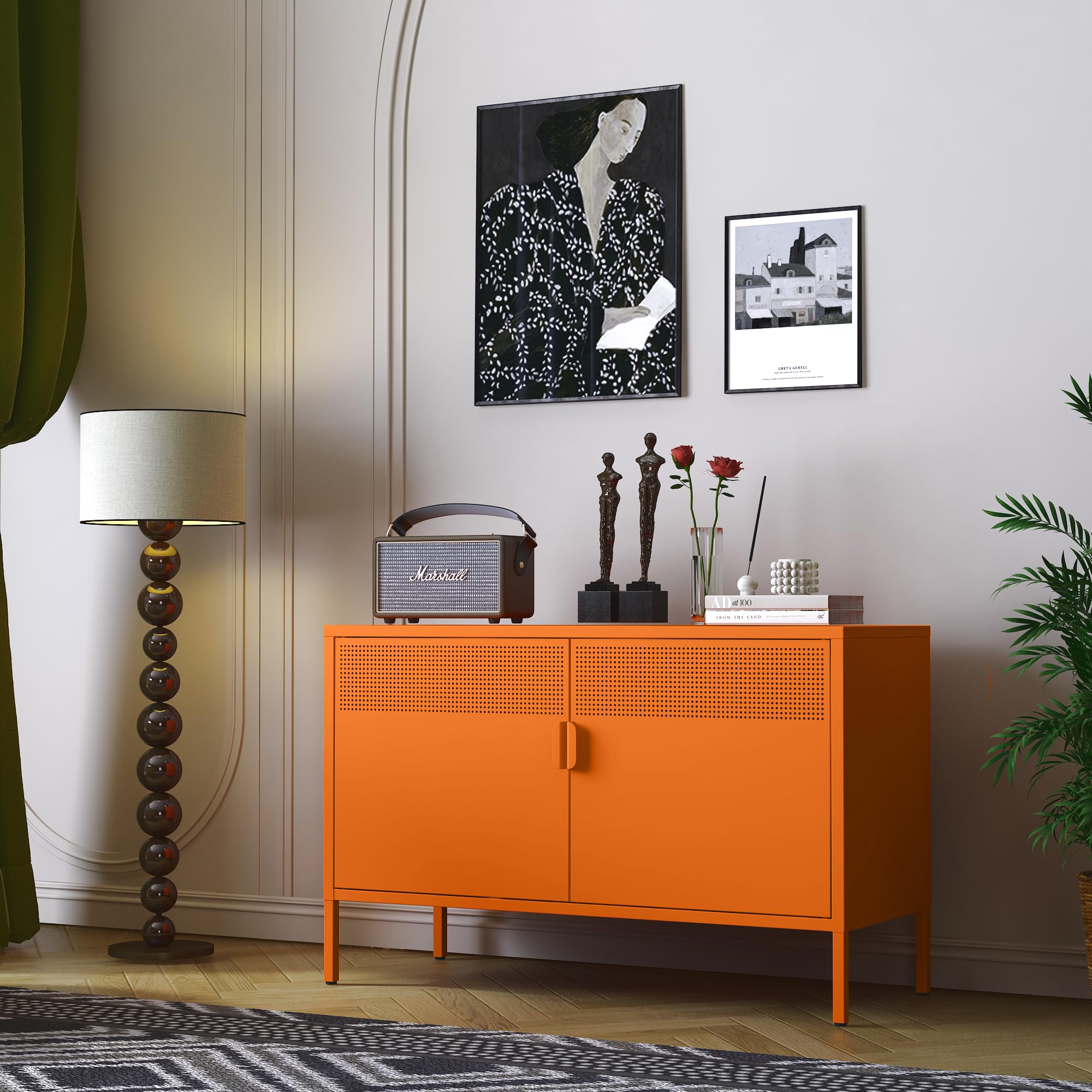 Orange Wide Metal Locker Storage Cabinet - 2 Door Industrial Style Cabinet for Home & Office Organization - 2 Tier Low Profile Metal Cabinet with Adjustable Shelf - Perfect as TV Stand, Entryway Storage or Dorm Room Furniture