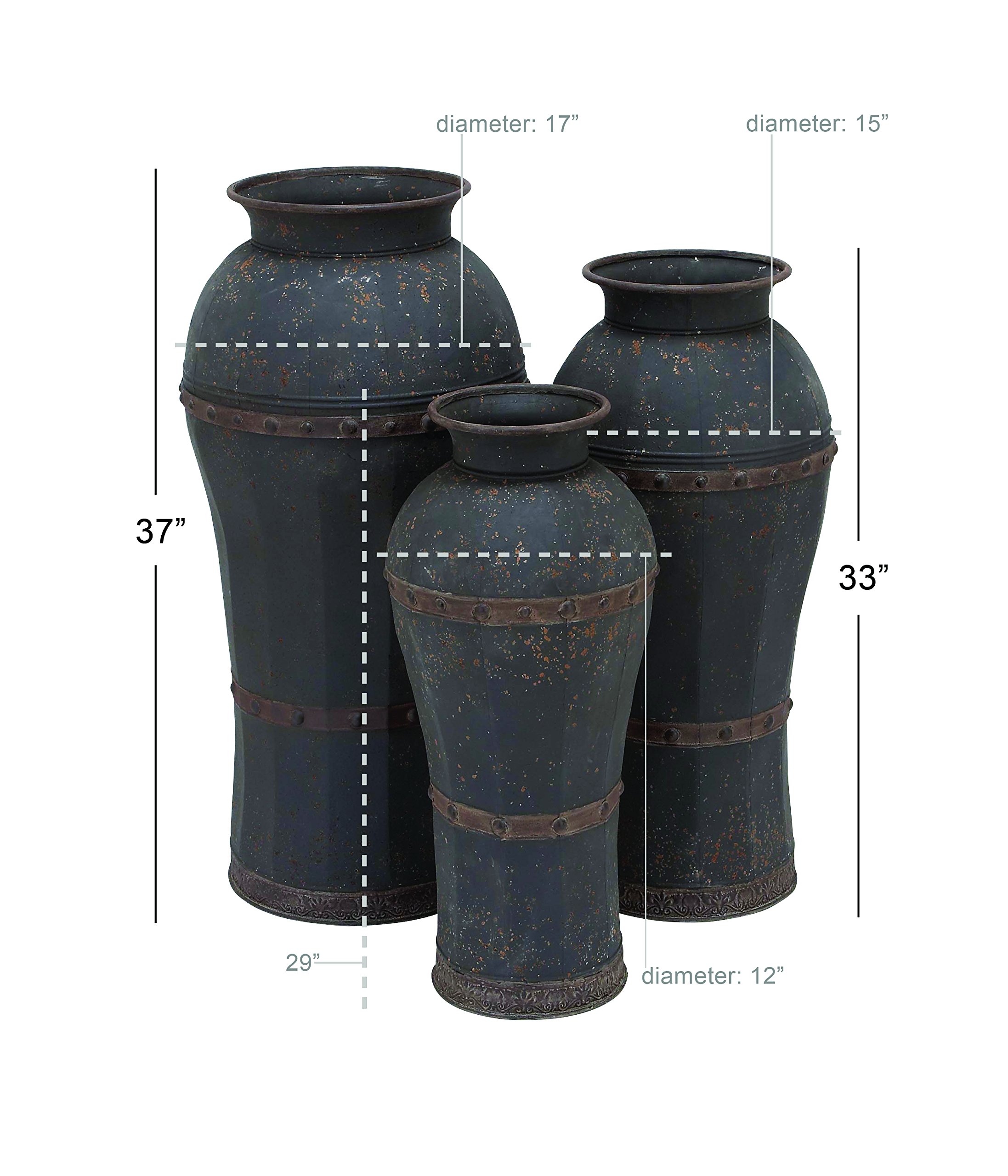 Deco 79 Rustic Metal Vase Set of 3 - Distressed Brown Centerpiece Vases with Rivet Details (37