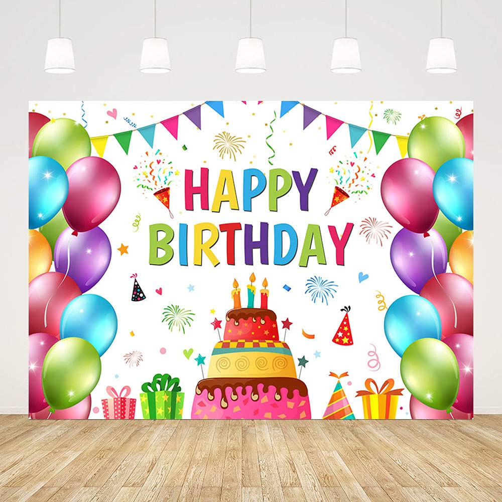 7x5ft Happy Birthday Backdrop with Colorful Balloons - Party Decorations for Candy Cake, Candles & Children Gift Box - Photography Background for Cake Table, Wall Decor & Party Props - Perfect for Birthday Parties, Baby Showers & Photo Booths