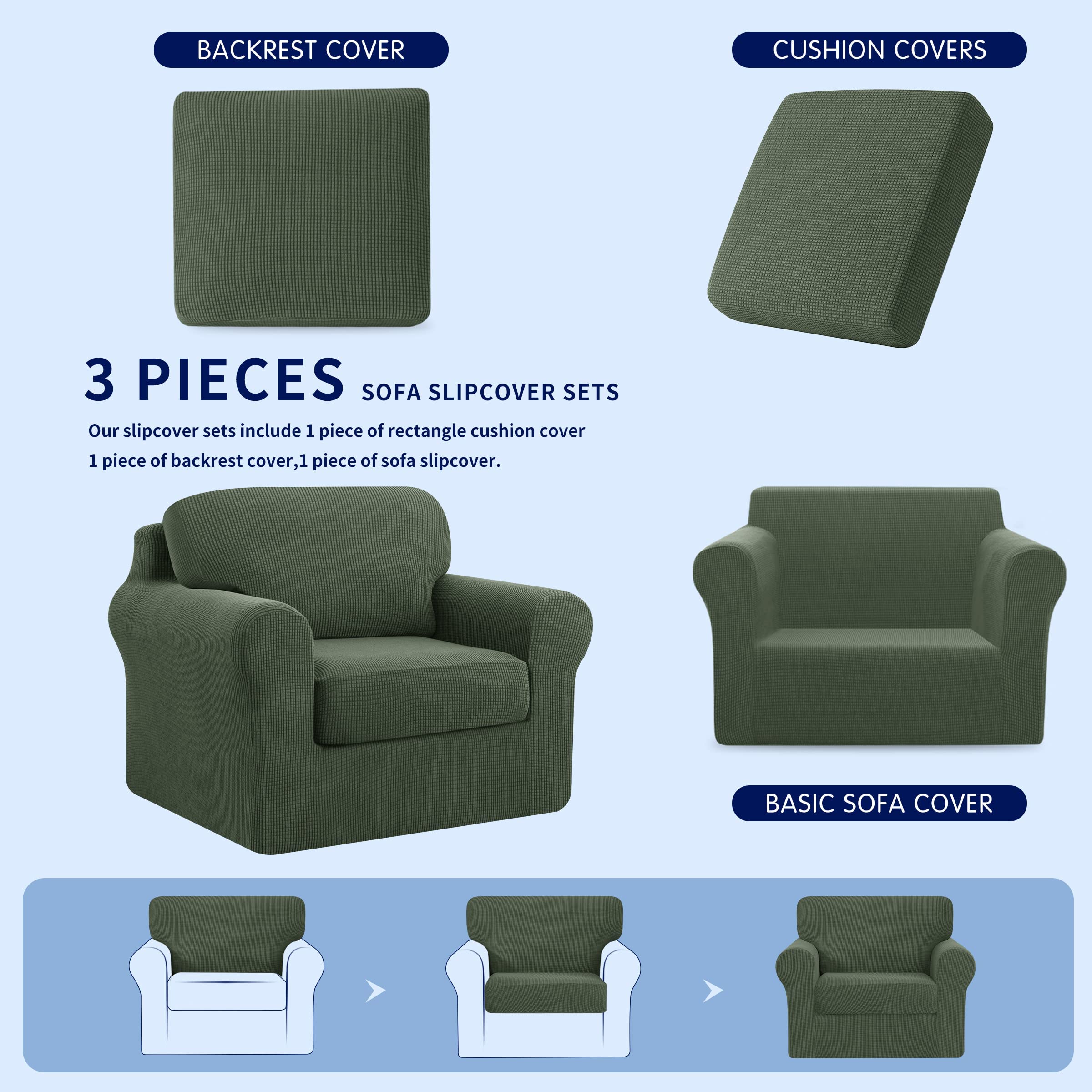SUBRTEX 3-Piece Armchair Cover & 7-Piece Sofa Slipcover Set - Stretch Couch Covers with Separate Backrest & Cushion Covers - Olive Drab (Small + Large) - Perfect for Living Room Furniture Protection & Style Upgrade