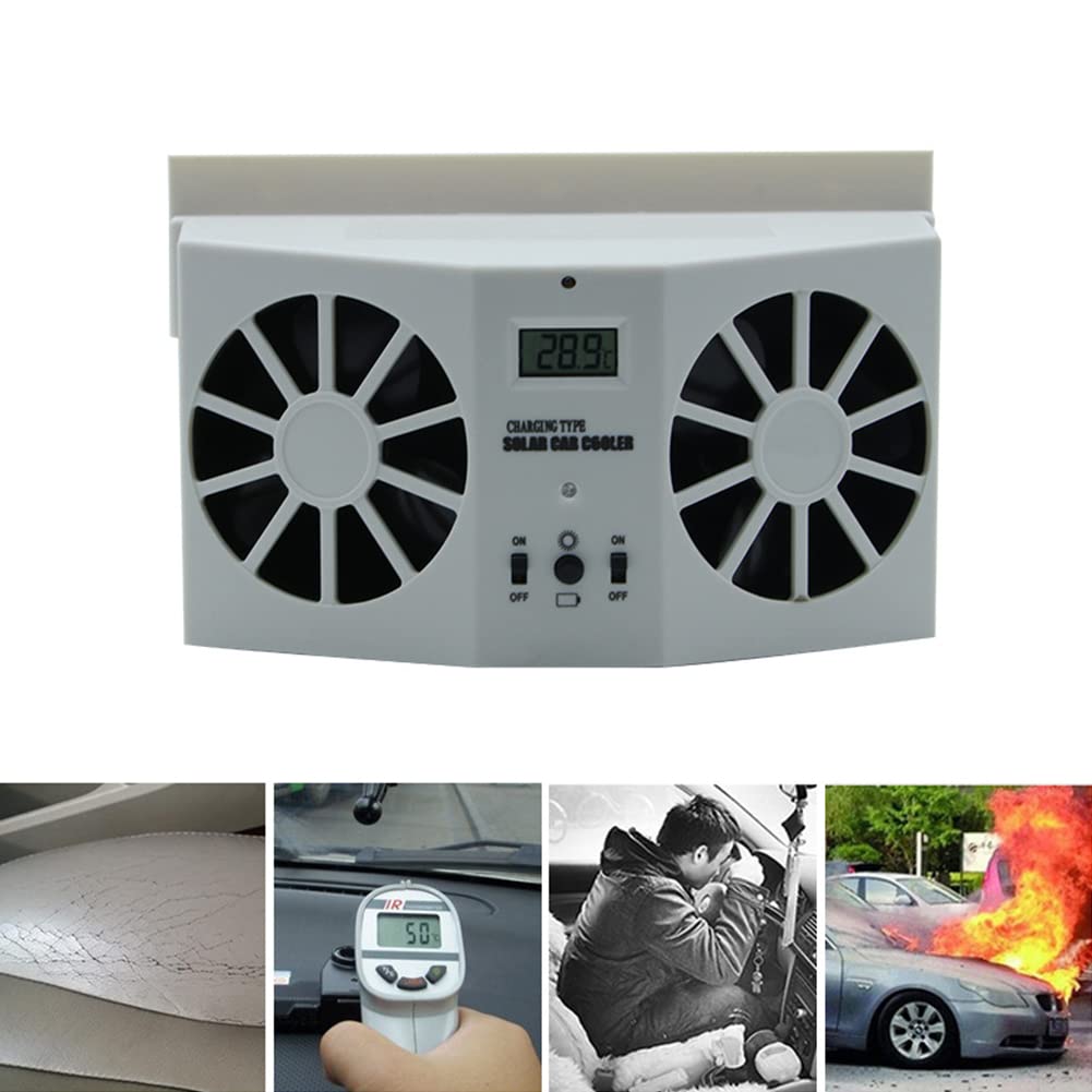 Solar Powered Car Window Fan - Universal Front/Rear Window Ventilation Cooler with Exhaust Radiator - Eliminates Odors & Keeps Car Cool (White) - Perfect for Hot Days, Road Trips & Parking in the Sun