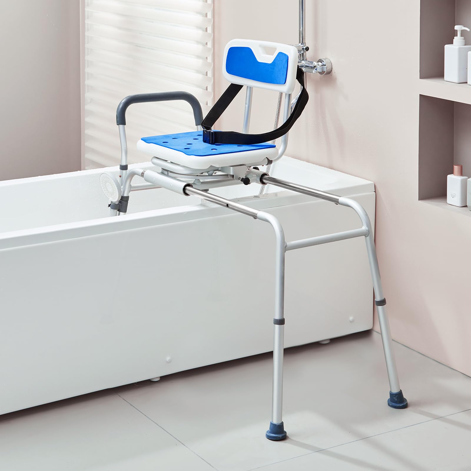 VEVOR 360° Swivel Sliding Tub Transfer Bench - Adjustable Height Bathtub Shower Chair with Armrests & Safety Belt - Non-Slip Rotating Seat for Elderly & Disabled - 400 lbs Weight Capacity - Ideal for Safe Bathing & Mobility Assistance