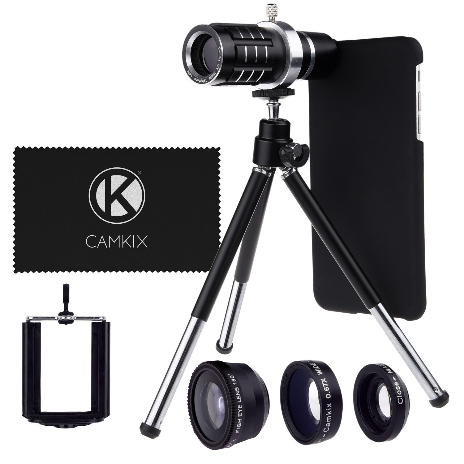 Premium CamKx 12x Telephoto Lens Kit for iPhone 6 Plus/6S Plus - Wide Angle, Fisheye & Macro Lenses with Tripod, Phone Holder & Hard Case - Perfect for Travel Photography, Vlogging & Close-up Shots