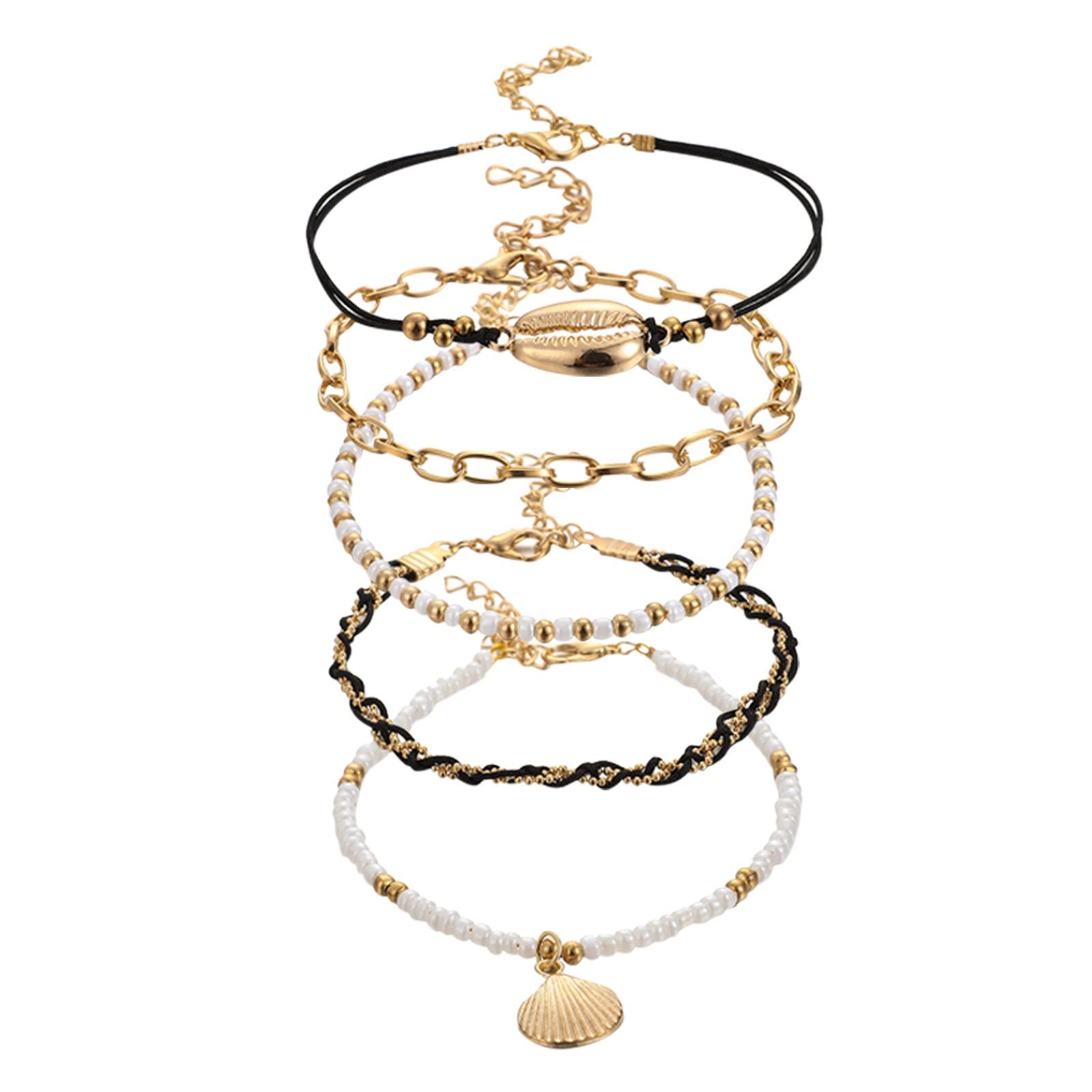 5 Pcs Boho Anklet Bracelets Set for Women - Dainty Link String Beaded Anklets with Gold Shell Pendant, Stackable Beach Jewelry for Summer Vacation & Festival Outfits
