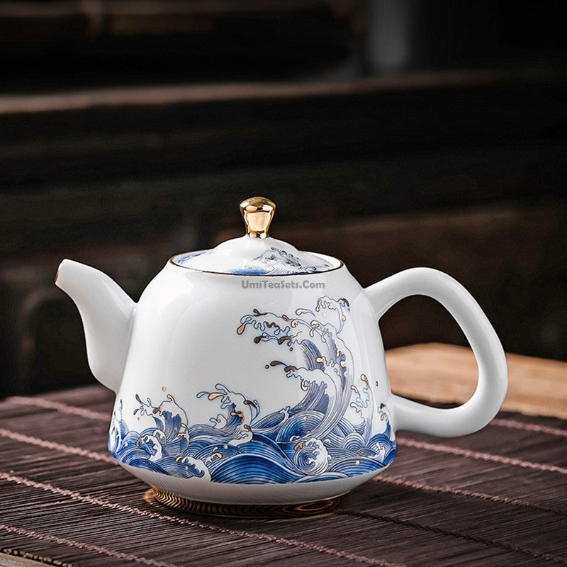 Premium Chinese Sea Wave Ceramic Teapot with 24K Gold Trim - Elegant Tea Brewing for Home, Office & Gift Giving