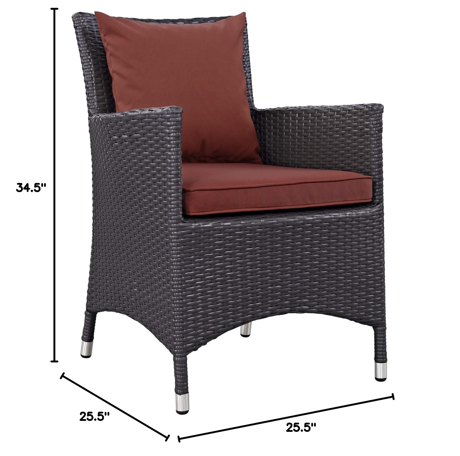 Modern Contemporary Outdoor Patio Dining Chair - Rattan Wicker Armchair with Cushion, Red - Perfect for Balcony, Garden, Side Table, and Backyard Relaxation