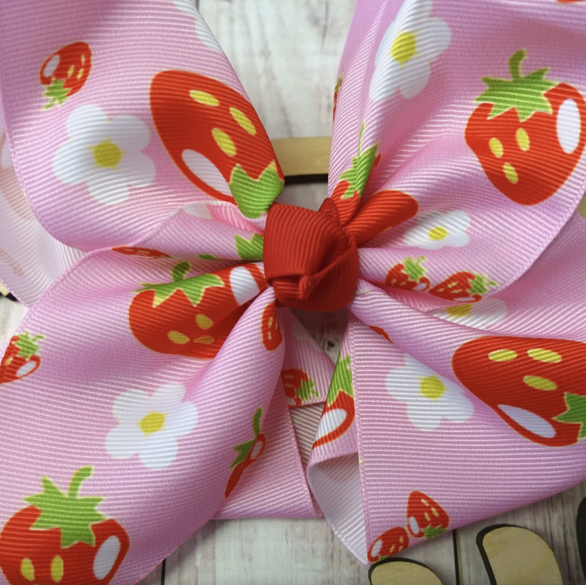 8-Inch Jumbo Handmade Grosgrain Ribbon Hair Bow with Alligator Clip - Pink Strawberry Design for Women & Girls | Perfect for Parties, Weddings, and Everyday Hair Accessories