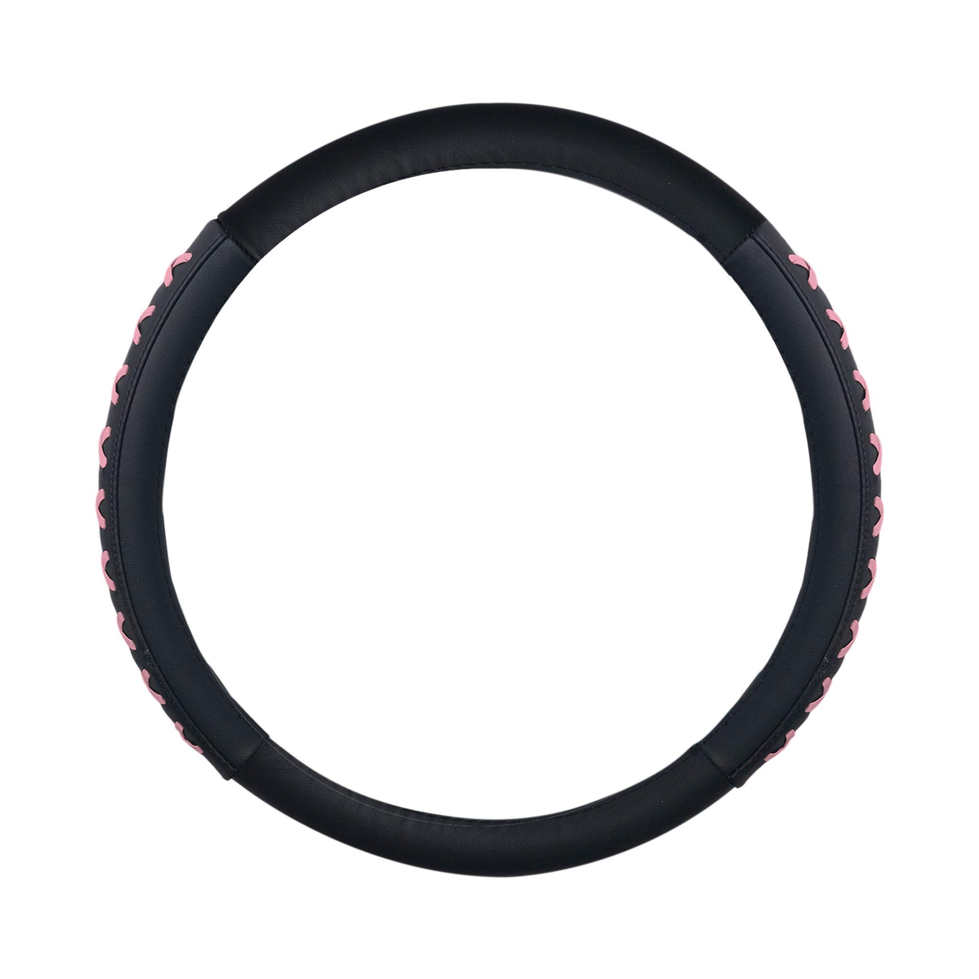 TLH Universal 15 Inch Pink Genuine Leather Steering Wheel Cover with Lace-Up Design - Non-Slip Grip for Cars, Trucks & SUVs - Perfect for Women Drivers & Gift Giving