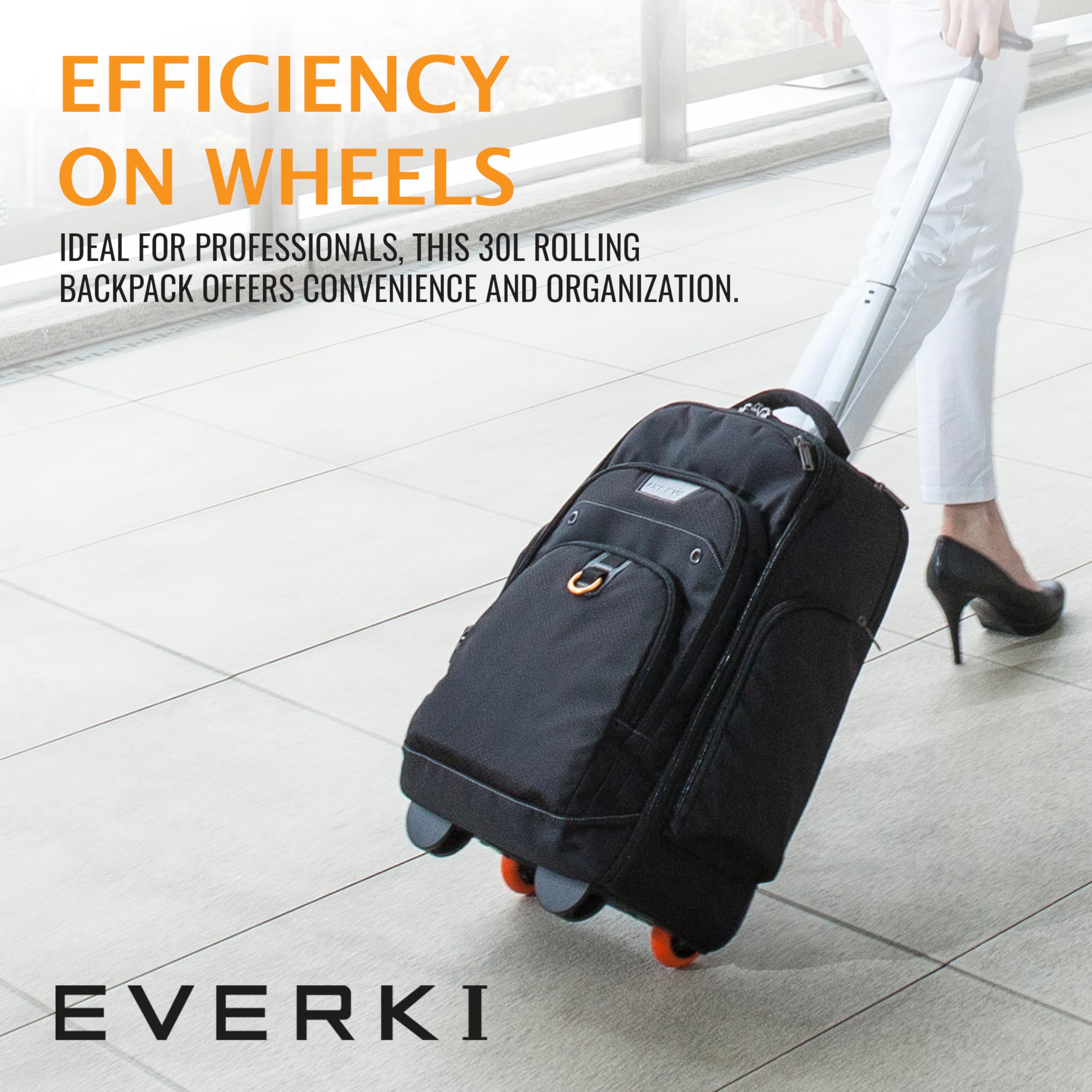 EVERKI Atlas Wheeled Laptop Backpack 13-17.3 Inch Trolley Bag with Adjustable Compartment - 30L Travel Cabin Rucksack for Men and Women, Fits Under Airplane Seat, Perfect for Business Travel, Commuting & Daily Use - Black