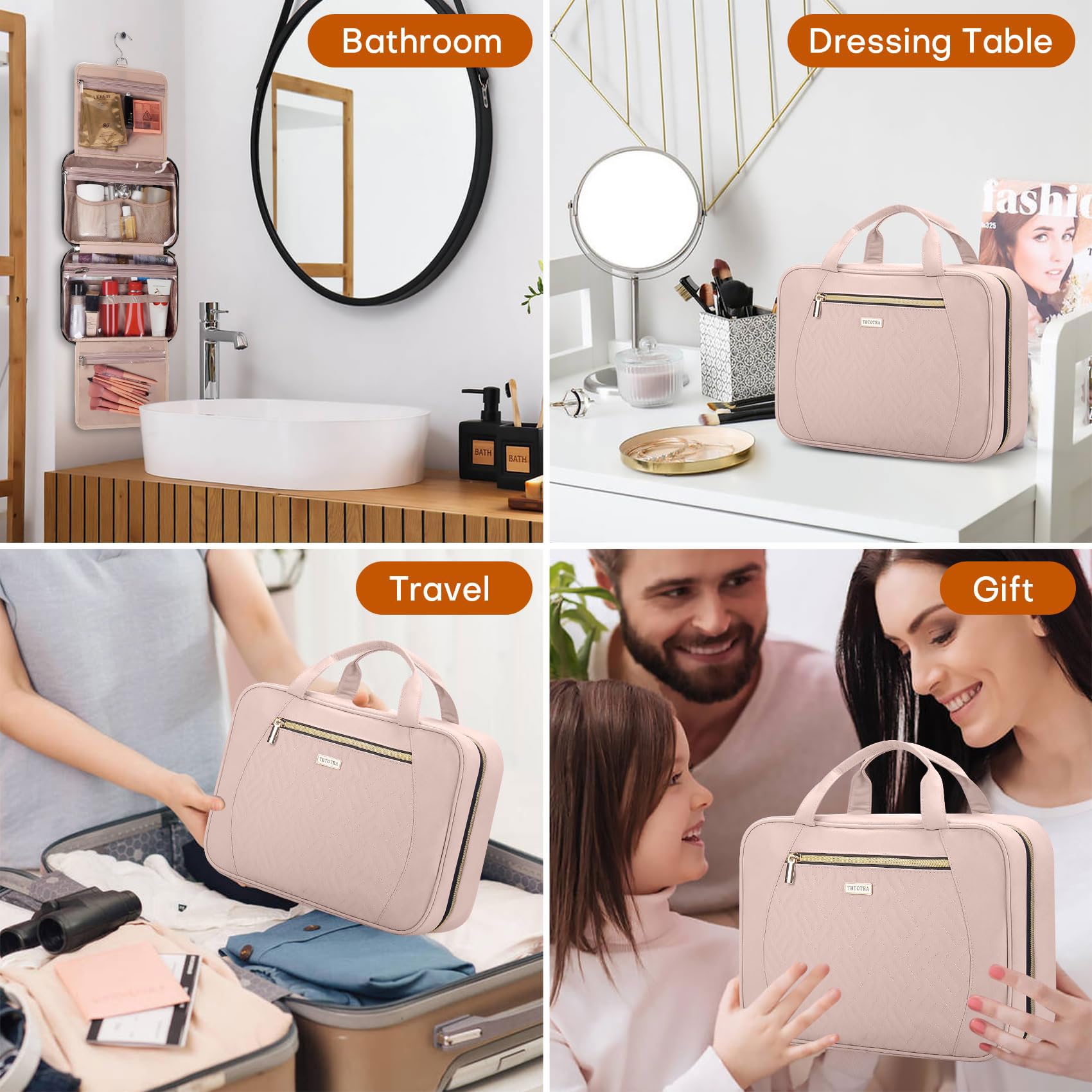 Hanging Travel Toiletry Bag for Women - Waterproof Cosmetic Organizer with Hook for Toiletries, Makeup Brushes & Full-size Products (Medium Pink) - Perfect for Vacation, Gym, Business Trips & Daily Use