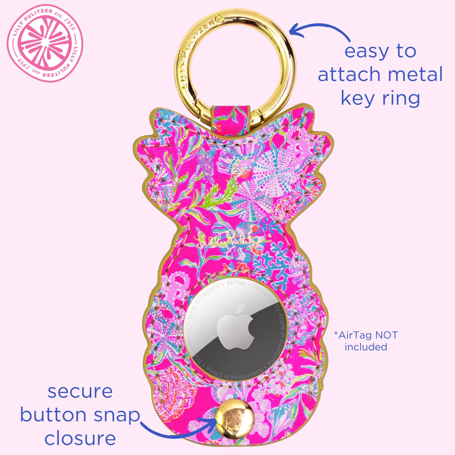 Lilly Pulitzer Leatherette AirTag Keychain - Cute Pineapple Shaped AirTag Holder for Luggage, Car Keys & Dog Collars | Waterproof & Durable Key Ring for Travel, Pets & Everyday Use (Shell Me Something Good Design)