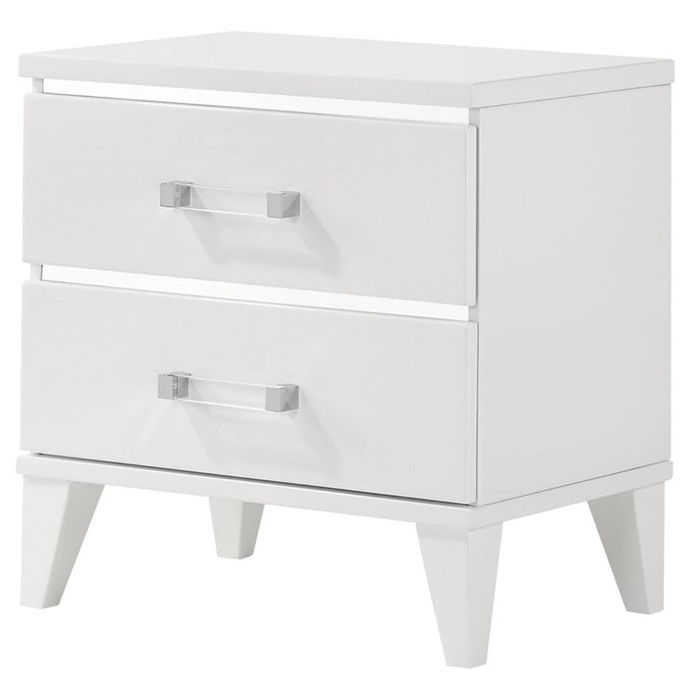 Acme Chelsie White Wooden 2-Drawer Nightstand with Modern Acrylic Bar Handles - Perfect Bedside Table for Bedroom, Guest Room & Nursery Storage
