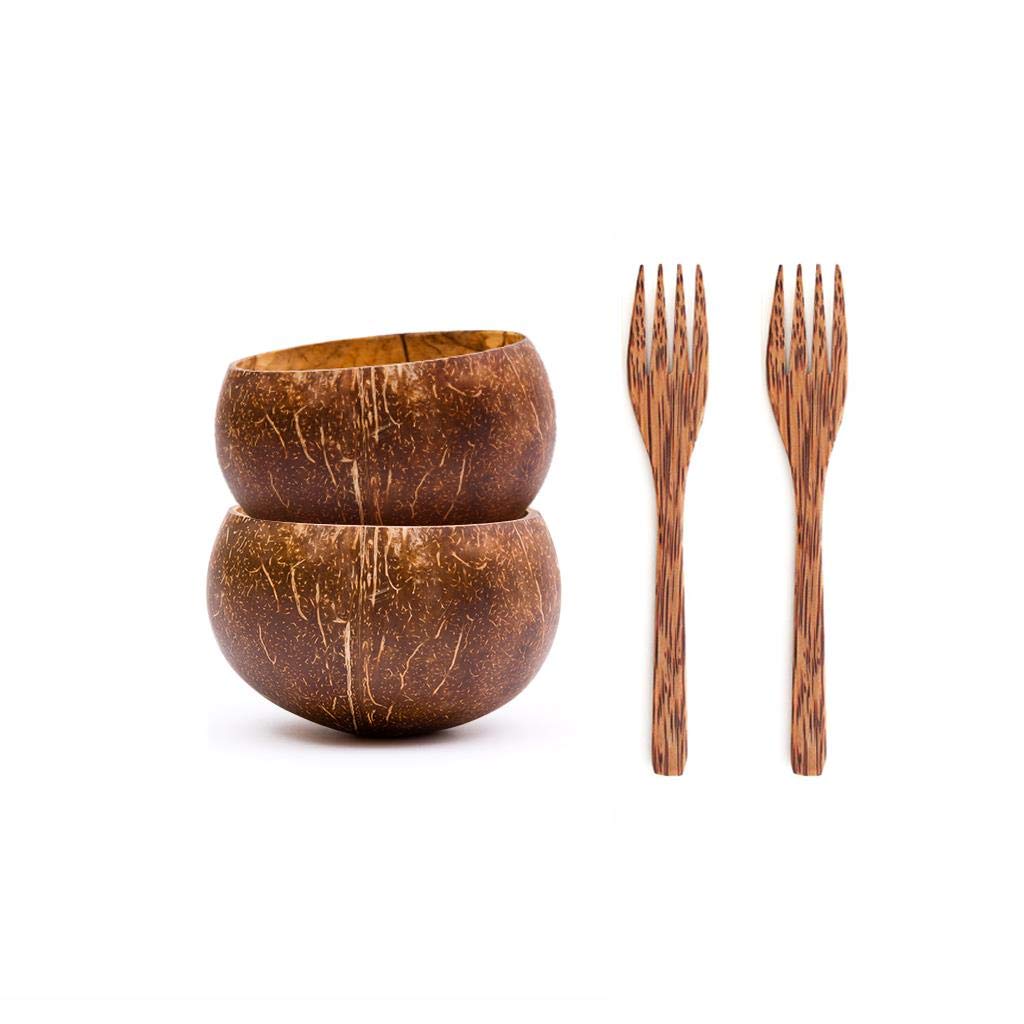 2 Pack Eco-Friendly Handmade Coconut Bowls with Wooden Forks - 100% Natural Organic Kitchenware Set - Sustainable Reclaimed Coconut Shell Bowls for Smoothie, Acai, Buddha Bowls, Salads & Healthy Snacks