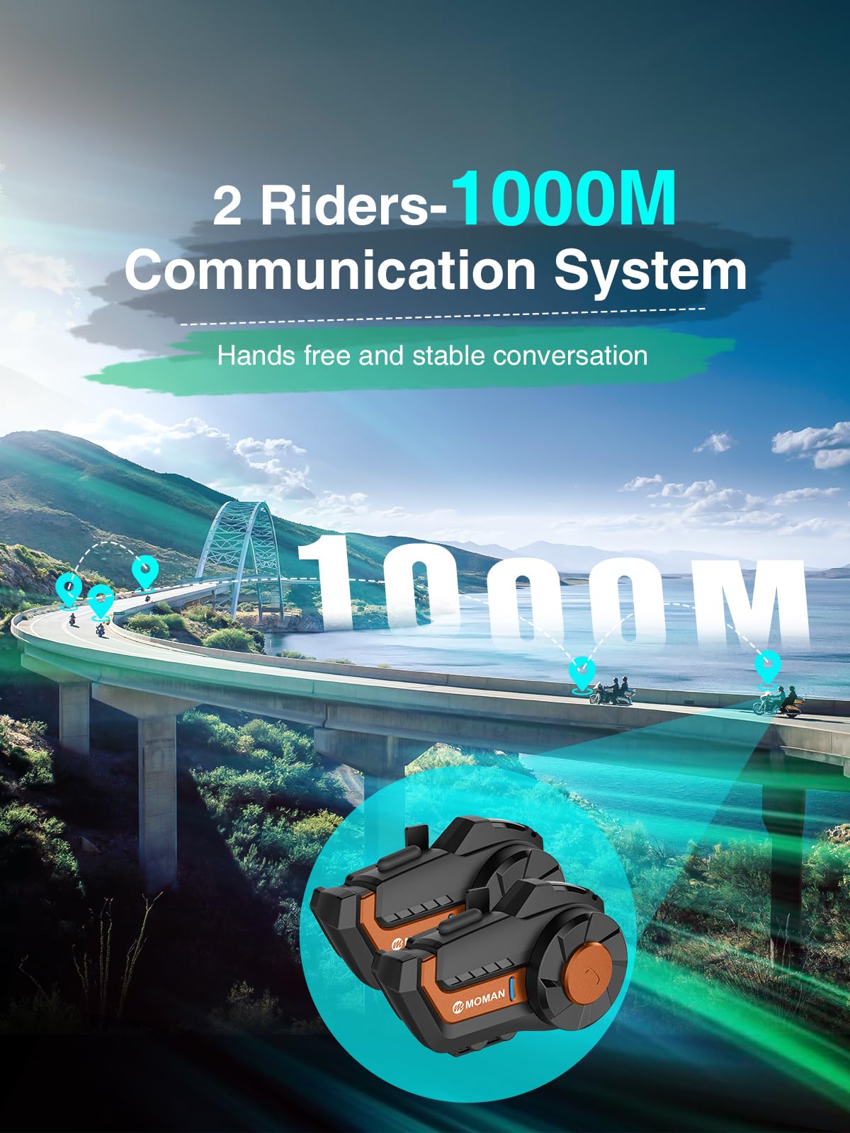 Moman H2Pro Wireless Motorcycle Helmet Headset - Bluetooth Intercom, Voice Assistant, Music Sharing, FM Radio, IP65 Waterproof, DSP & CVC Noise Cancellation (1 Pack, Orange) - Perfect for Group Riding, Solo Adventures & Long-Distance Motorcycle Trips
