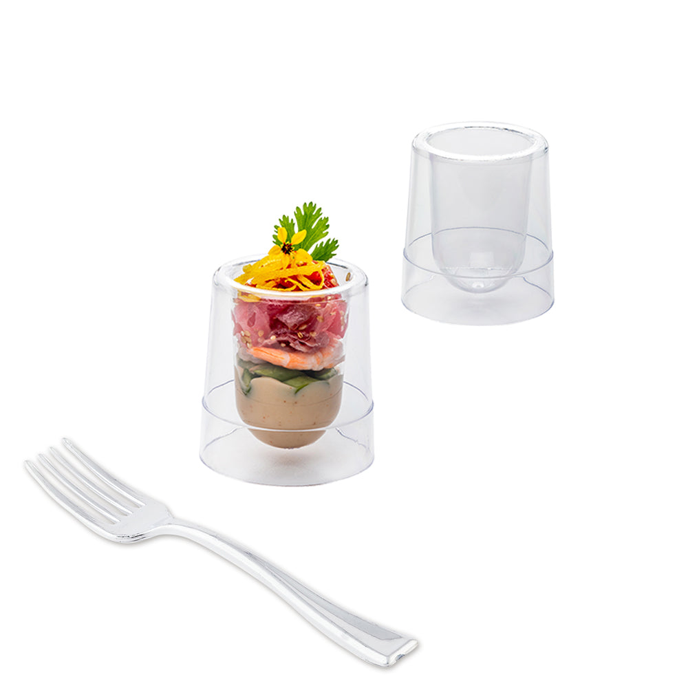 100 Pack 2 oz Clear Plastic Double Walled Round Cups with 100 Silver Mini Forks - Perfect for Parties, Weddings, and Dessert Serving