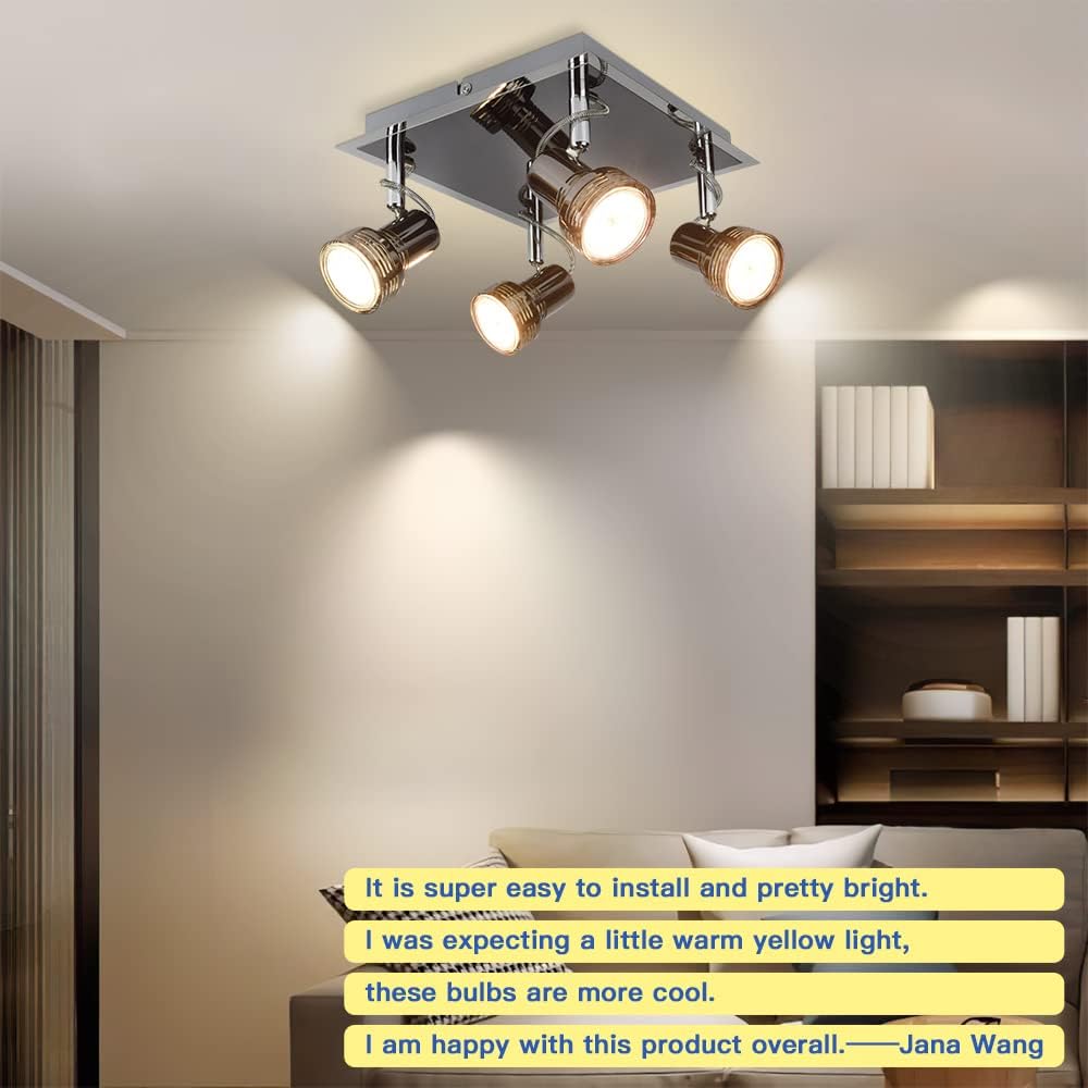 Modern LED Track Lighting Fixture - 4 Light Square Ceiling Spot Lights with Warm White 3W GU10 Bulbs Included | Flush Mount Directional Lighting for Kitchen, Living Room, Bedroom, Office & Retail Spaces | Energy-Efficient Dimmable Ceiling Light Kit