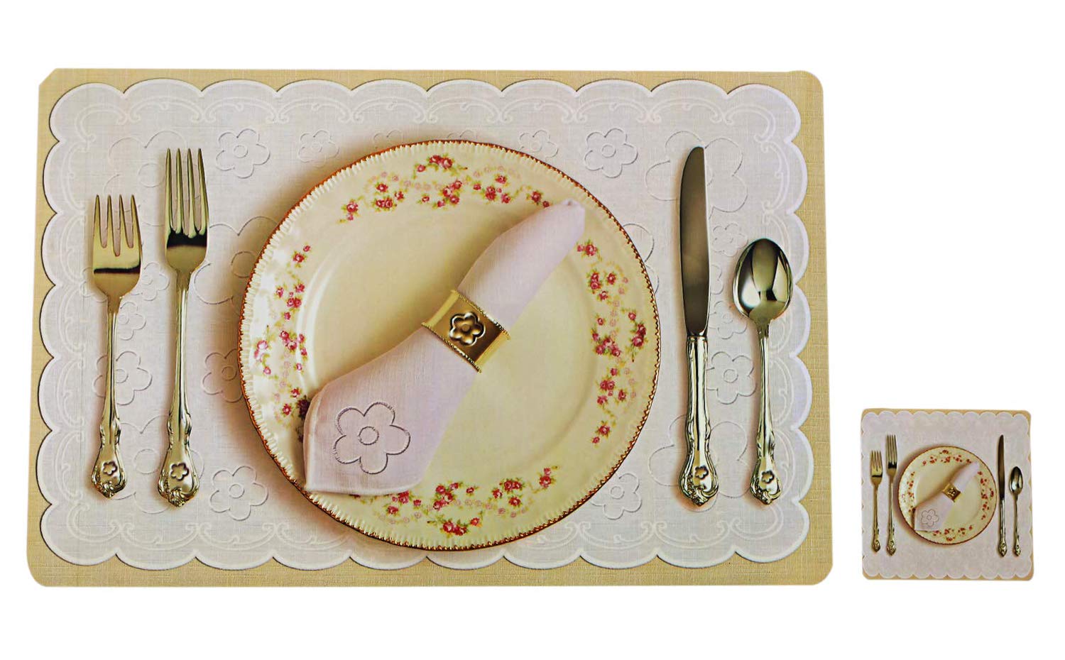Kuber Industries PVC Floral Dining Table Placemat Set with Tea Coasters - 6 Piece Cream Table Mats for Formal Dining, Kitchen, or Party Decor - Durable Polyvinyl Chloride (PVC) Material