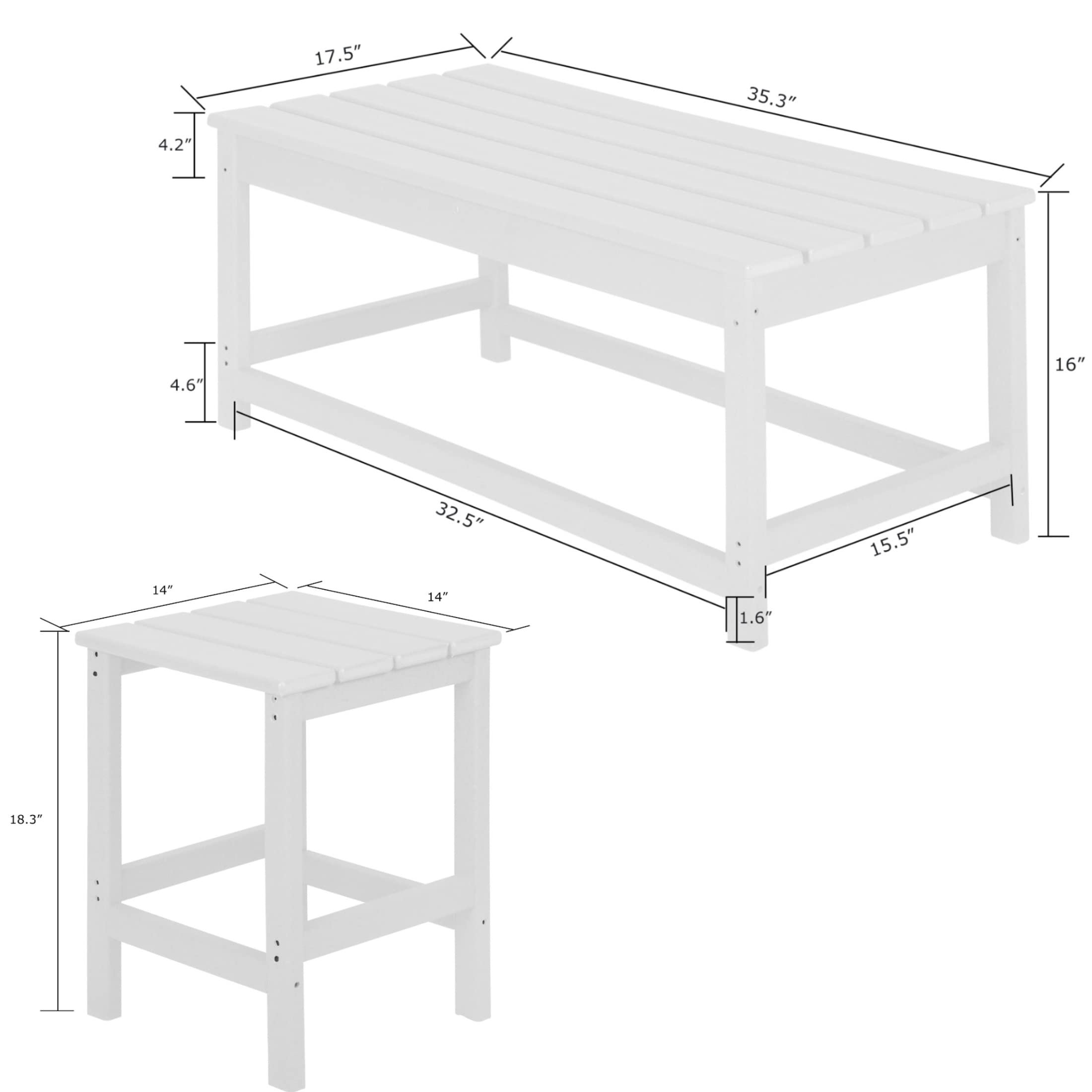 WestinTrends Malibu 3-Piece Outdoor Patio Set - All-Weather Poly Lumber Adirondack Coffee Table & 2 Side Tables - White - Perfect for Poolside, Garden, Deck & Backyard Relaxation