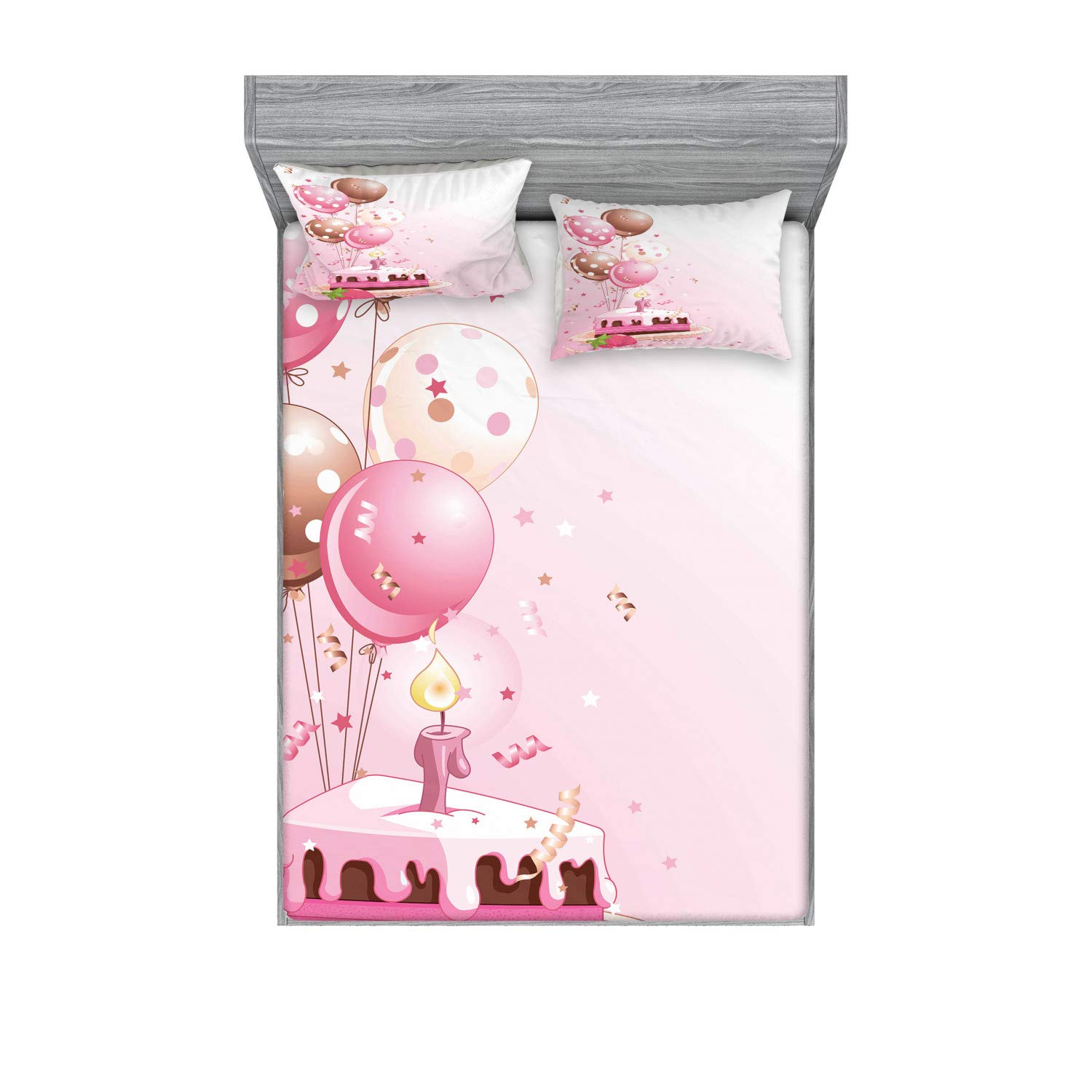 Ambesonne 3-Piece Birthday Bedding Set - Strawberry Pink Cake Slice with Balloons & Candles, Queen Size Fitted Sheet & Pillow Sham, Pink Tan Cream Decor | Perfect for Birthday Parties, Bedroom Decor & Gift Giving