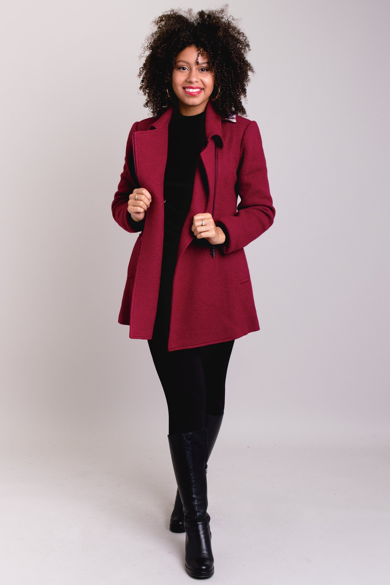 Gemma Coat Women's Burgundy Wool Overcoat - Elegant Winter Outerwear for Office, Dating & Special Occasions