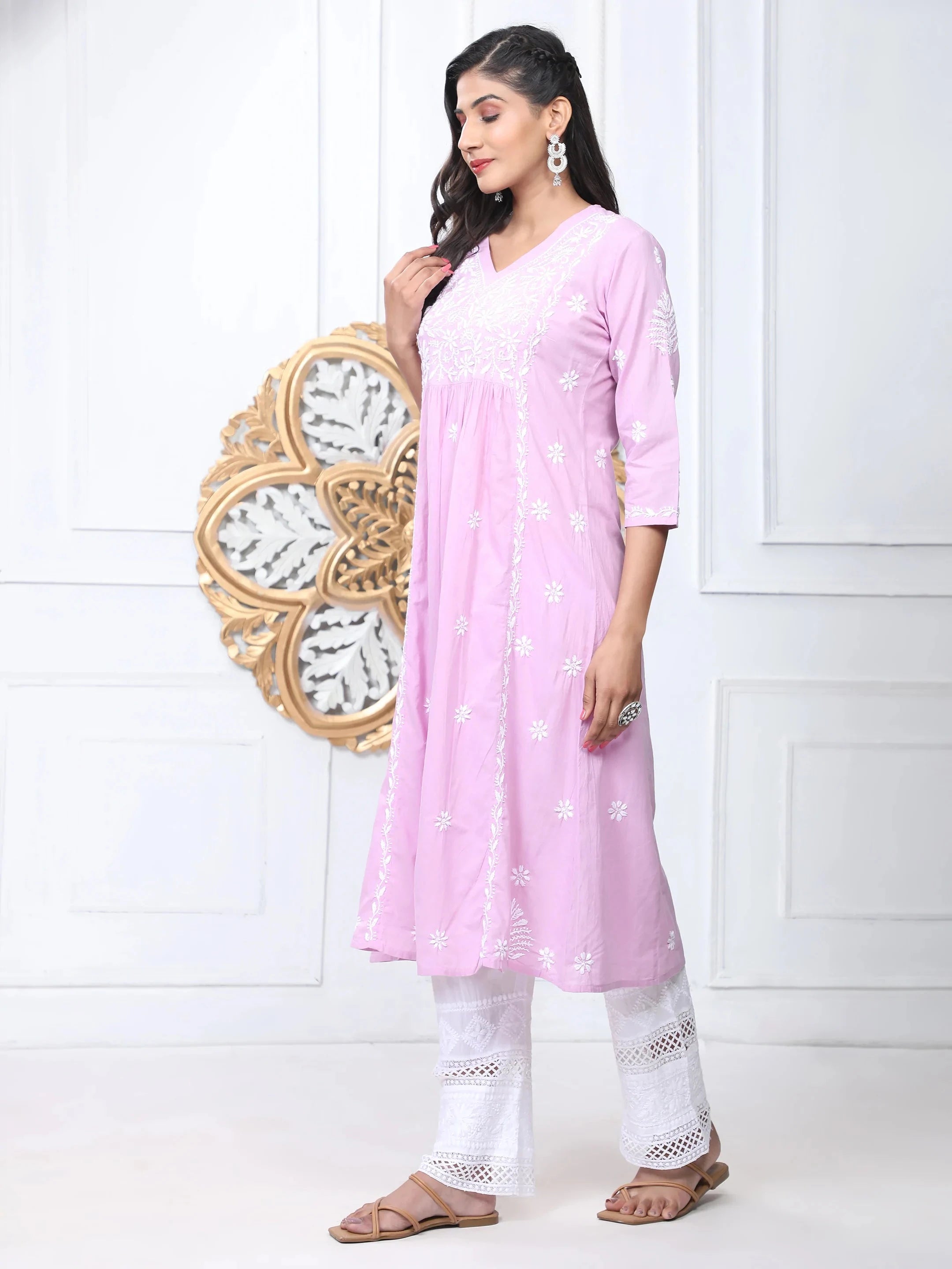 Hand Embroidered Chikankari Long A-Line Kurti for Women - Lavender Ethnic Tunic Top | Perfect for Festivals, Weddings & Casual Wear