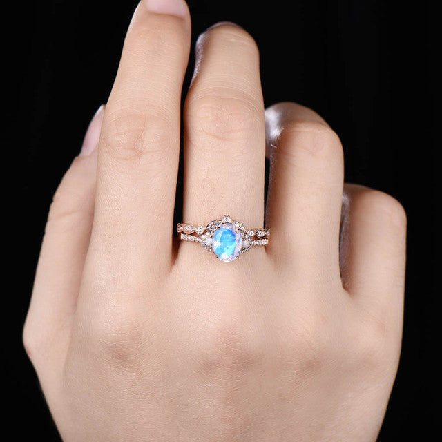 Natural Rainbow Moonstone & Moissanite Oval Bridal Engagement Ring Set - Perfect for Proposals, Weddings, and Anniversary Gifts