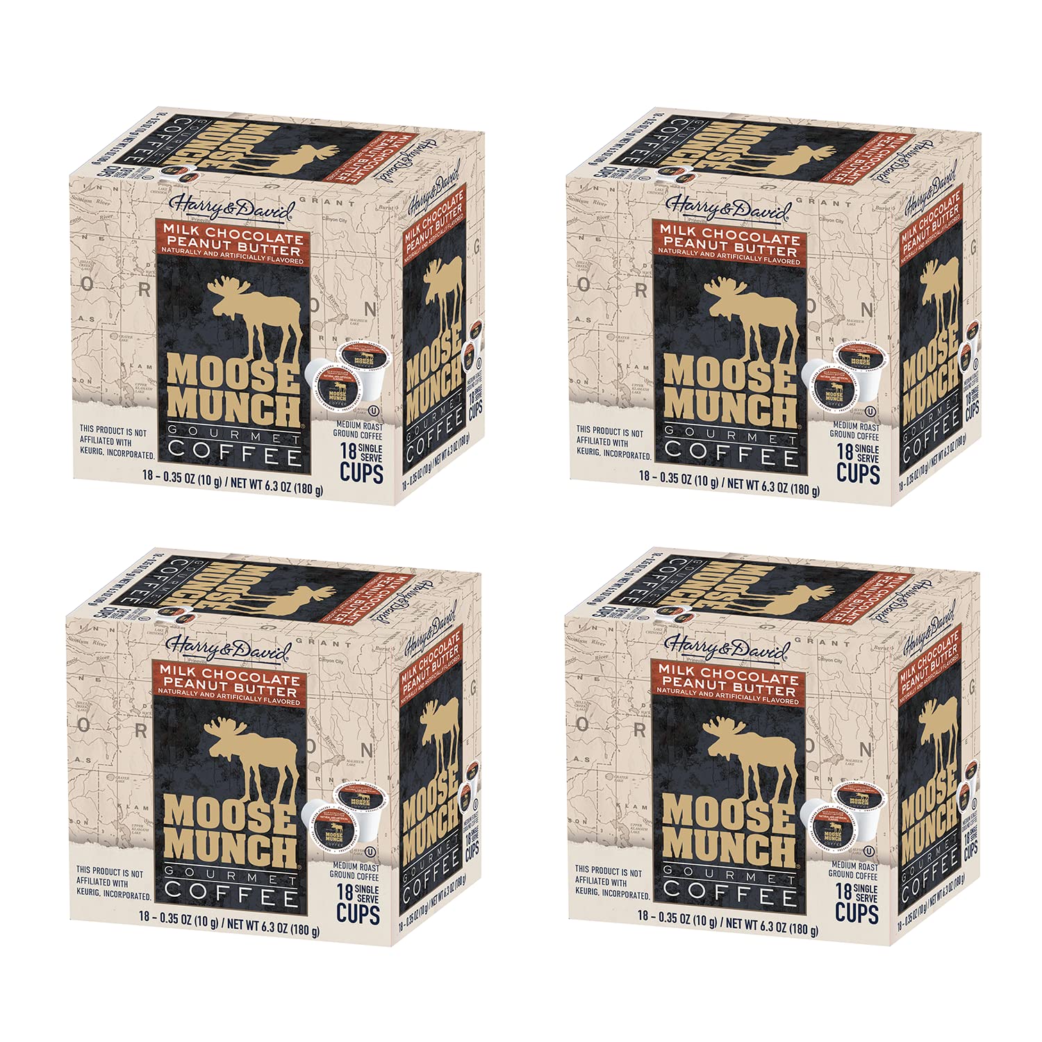 Harry & David Moose Munch Single Serve Coffee Pods - 72 Count (4 Boxes x 18) Medium Roast with Milk Chocolate & Peanut Butter Flavor - Perfect for Office, Home Brewing & Gifts
