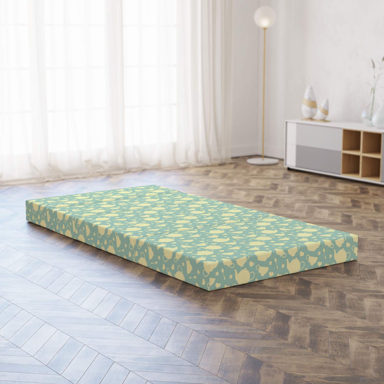 Ambesonne Foldable Kitchen Mattress - British Tea Cup & Teapot Design, 74.8