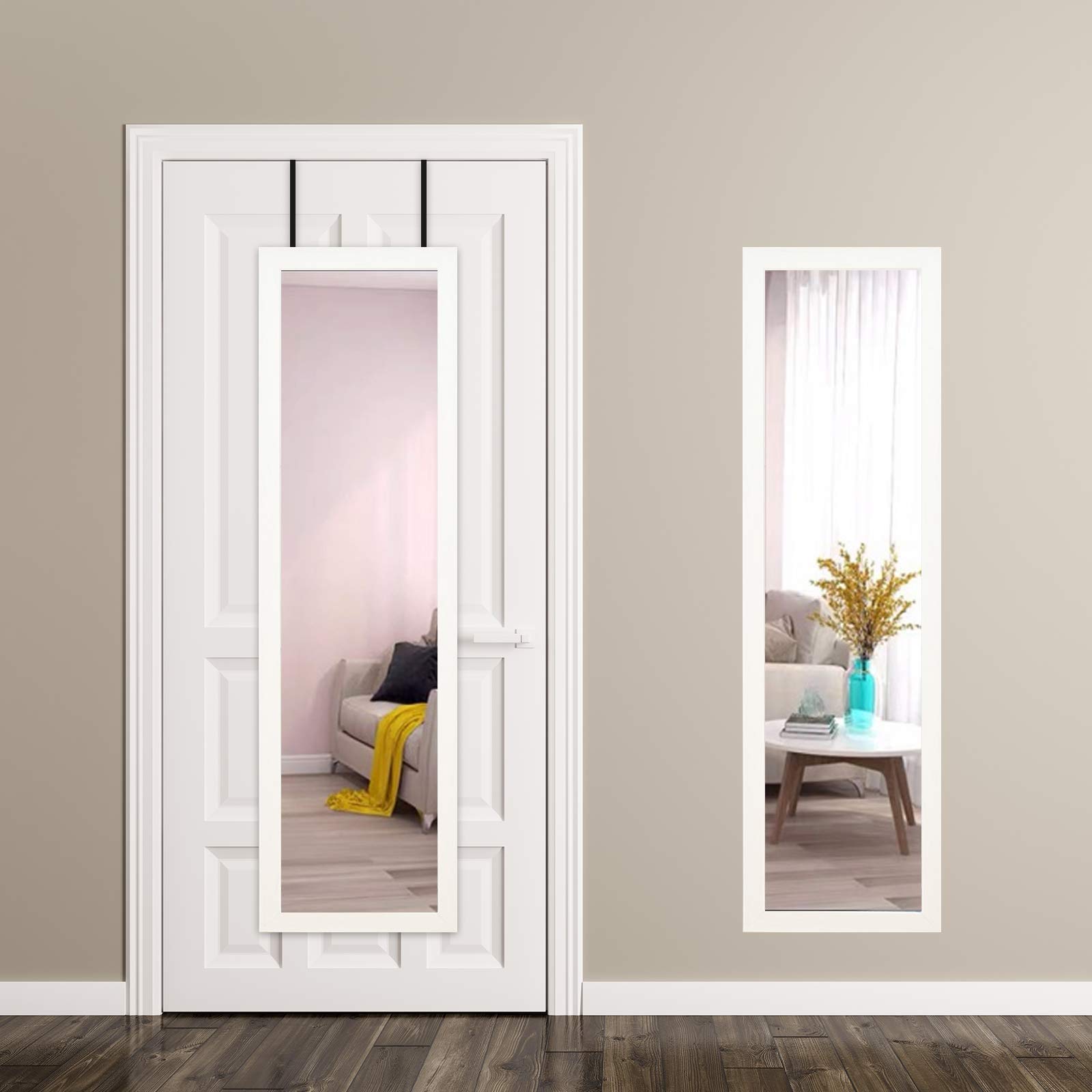 14x48 Inch Full Length Door Mirror - Slim Frame Wall Mounted Hanging Mirror for Dorm, Bedroom & Home Decor - White Rectangle Dressing Mirror for Outfit Check & Space Enhancement