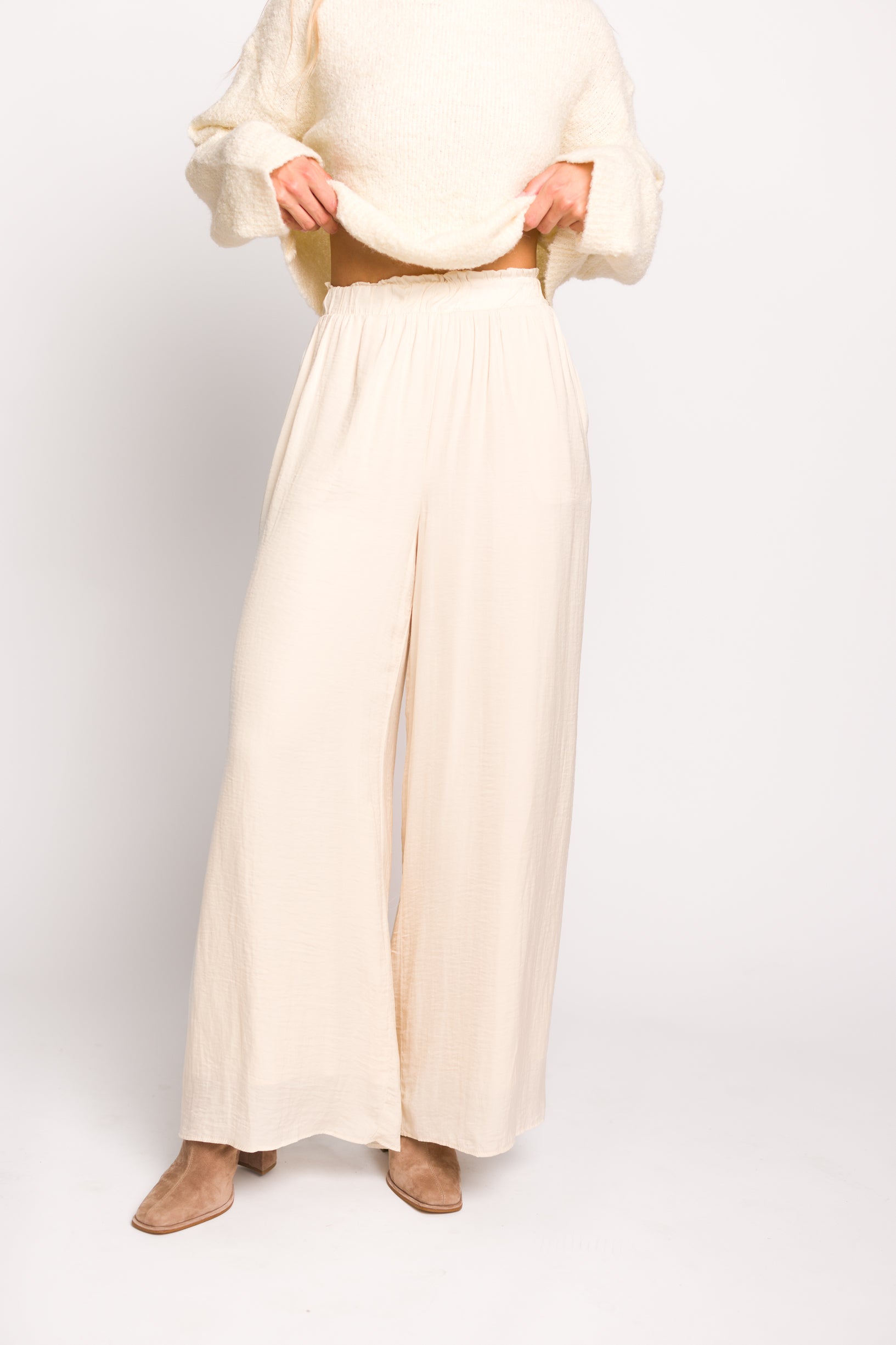 Zahara Women's High Waisted Wide Leg Pants - Soft Linen Blend Ivory Trousers for Work, Office & Casual Wear | Comfortable Elastic Waist Lounge Pants for Summer