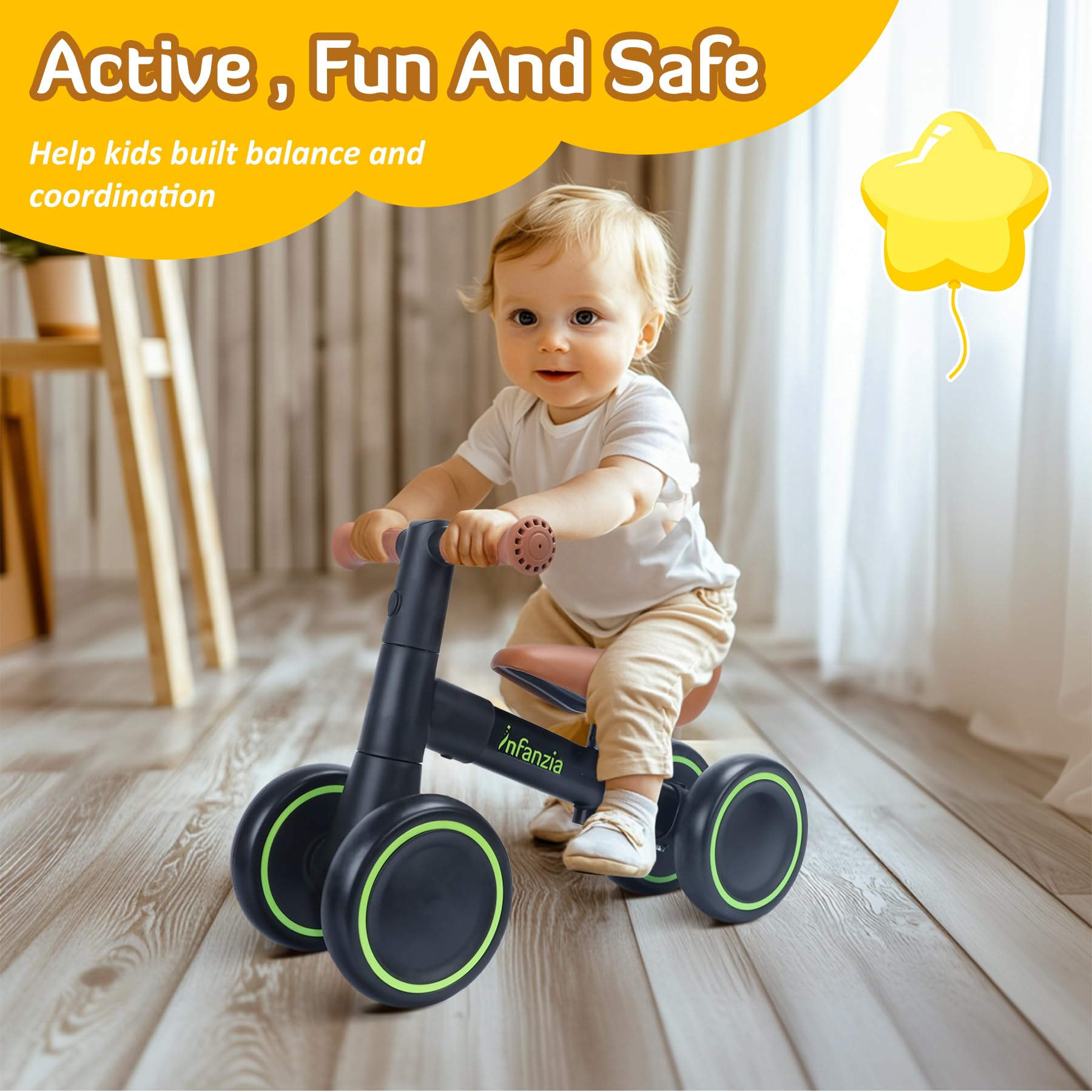 INFANZIA Adjustable Baby Balance Bike for 12-36 Months - No Pedal 4-Wheel Toddler Bike for Boys & Girls - First Birthday Gift & Learning Toy for 1-3 Year Olds - Perfect for Indoor Play & Outdoor Riding