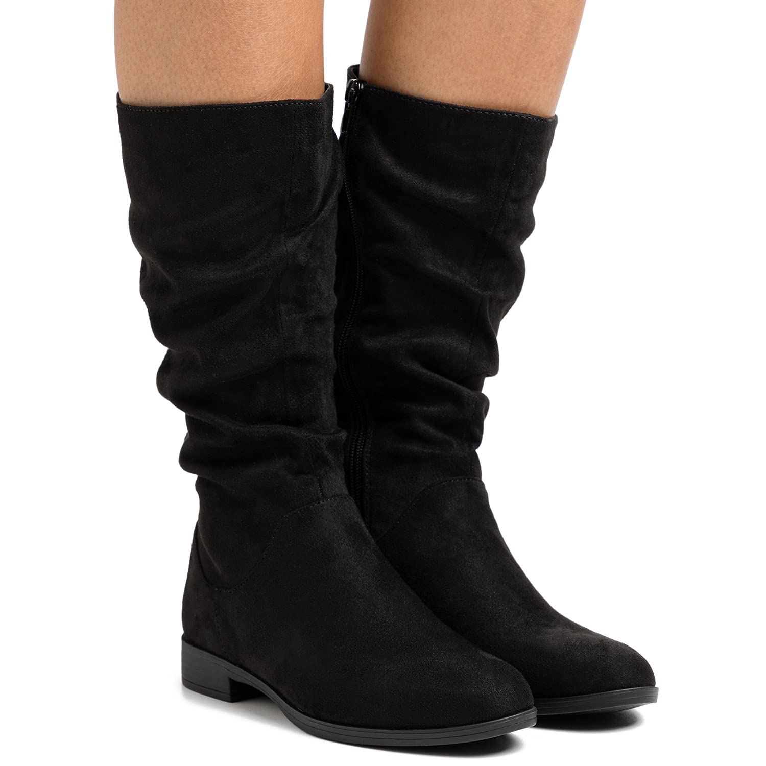 MOOMMO Women's Suede Mid Calf Slouch Boots - Flat Heel Winter Boots with Side Zipper, Wide Calf & Round Toe (US 4-13) | Retro Casual Comfy Boots for Everyday Wear, Office & Winter Outfits